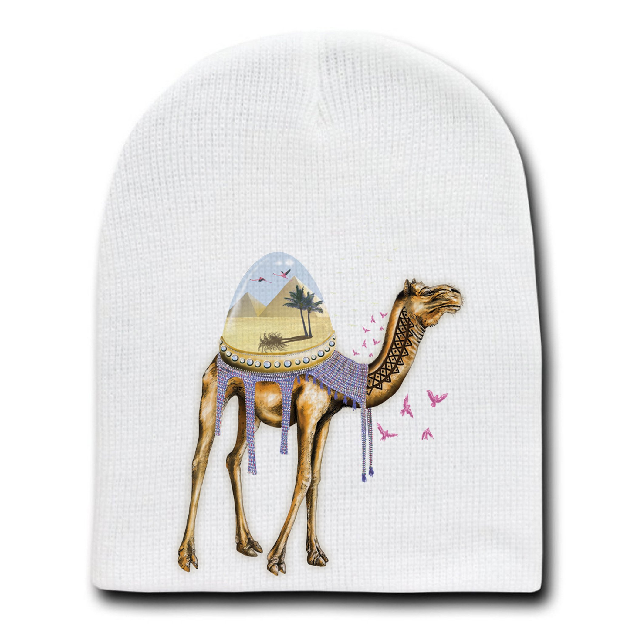Mystical Camel Sahara Desert with Pyramids Print - White Skull Cap Beanie Hat for Winter Warmth & Outdoor Adventures