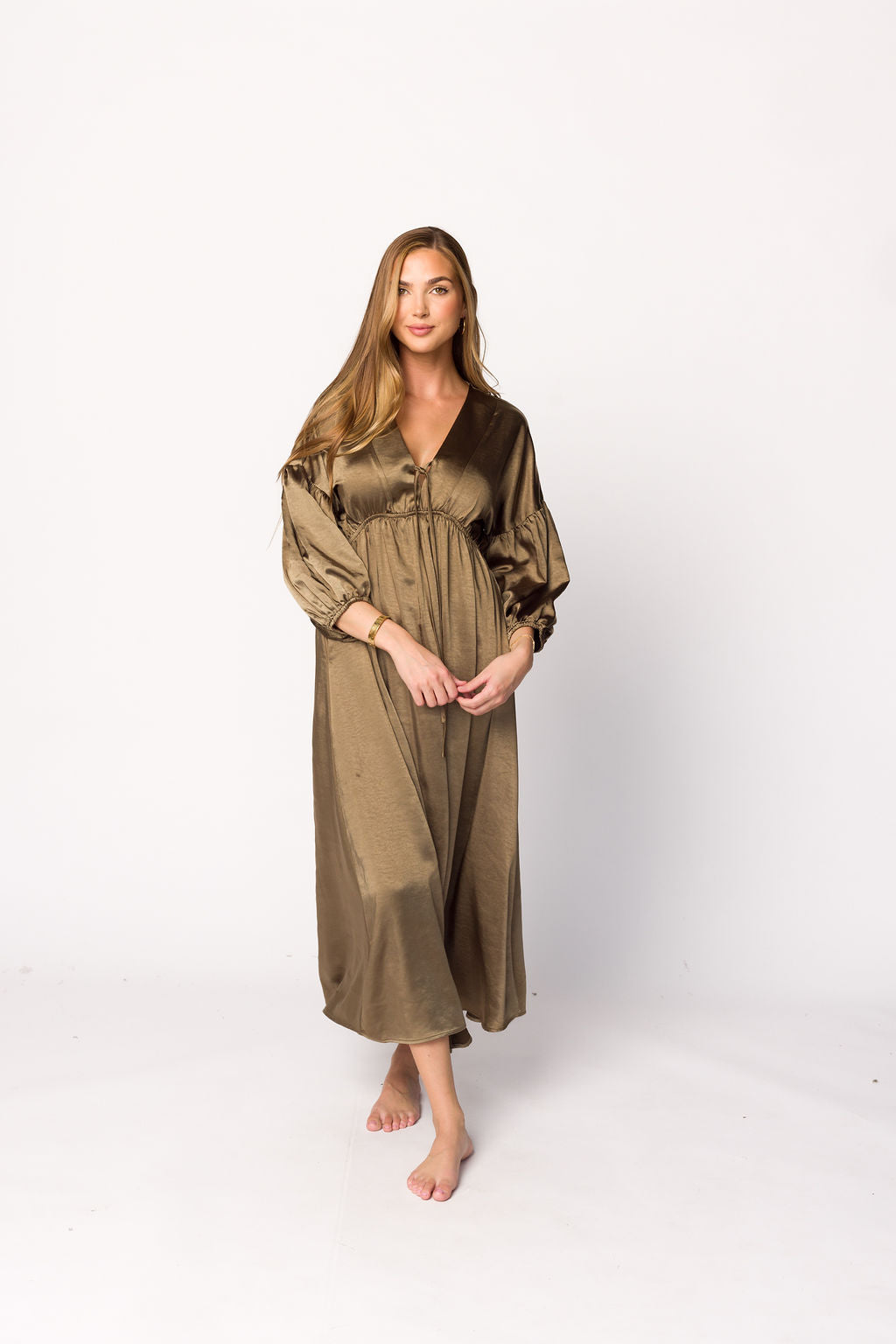 Hunter Premium Satin Midi Dress in Tapenade - Bump Friendly Maternity Dress for Special Occasions & Date Nights