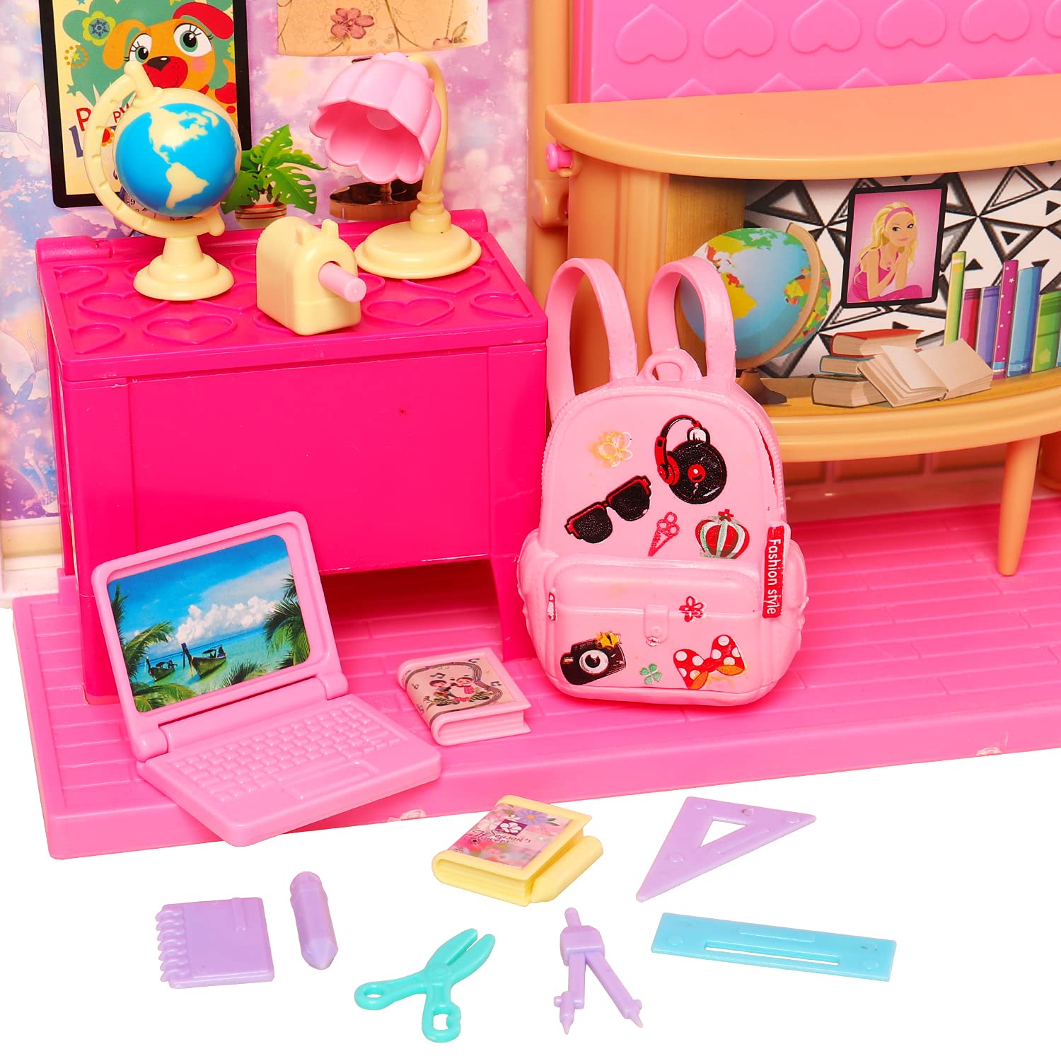 ENOCHT 19-Piece Doll School Accessories Set - Mini Backpack, Desk Lamp, Laptop, Globe, Glasses & Headset for 11.5 Inch Dolls | Perfect for Pretend Play, Classroom Scenes & Dollhouse Decor