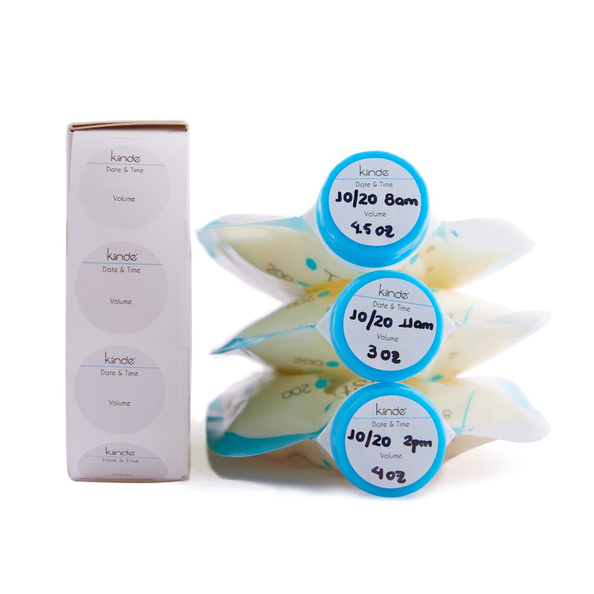 Kiinde Twist Cap Single-Use Write-On Labels for Breast Milk and Baby Food Storage Pouches (250 Pack) - Includes Label Dispenser with Marker & Holder - Perfect for Organizing Baby Bottles, Breastmilk Bags & Puree Pouches - Date/Volume Tracking Made Easy