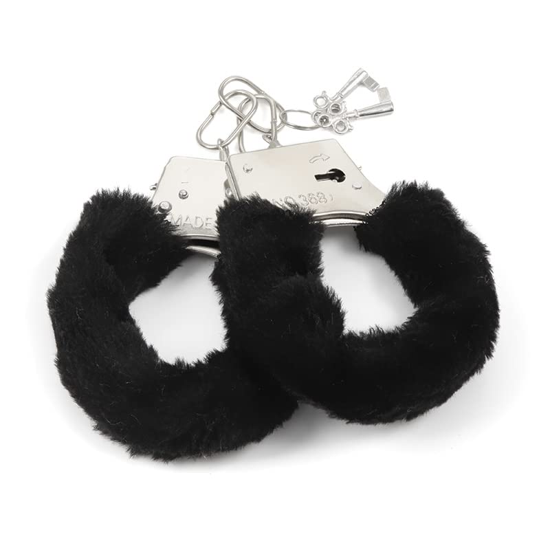 Adjustable Furry Handcuffs & Ankle Cuffs Set with Keys - Stainless Steel Bondage Restraints for Couples - Soft Plush SM Fetish Toys - Police Costume Props for Cosplay & Role Play - Perfect for Adult Play, BDSM Scenes and Themed Parties (Black)