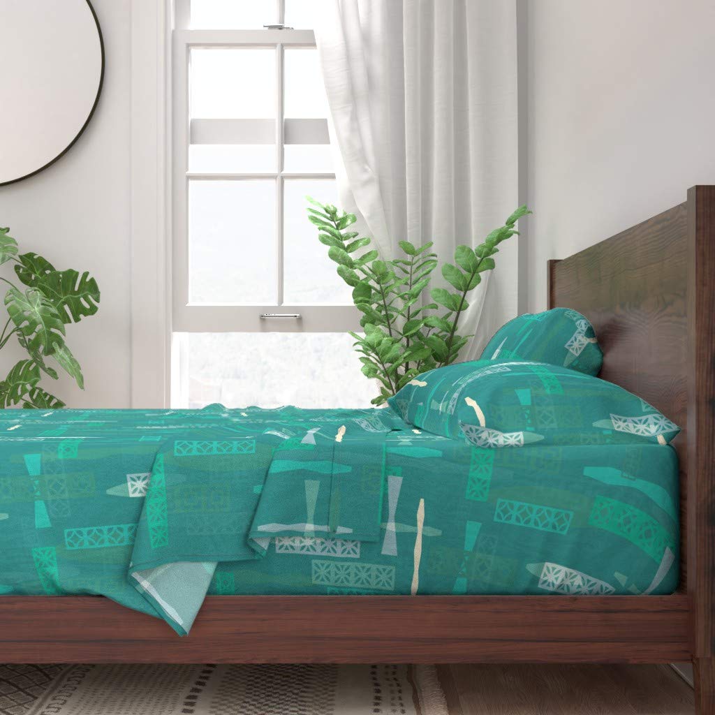 100% Cotton Twin Sheet Set 3pc - Aqua Retro Mid Century Modern Geometric Vintage Print | Custom Bedding for Home Decor | Soft Breathable Sheets for Bedroom & Guest Room