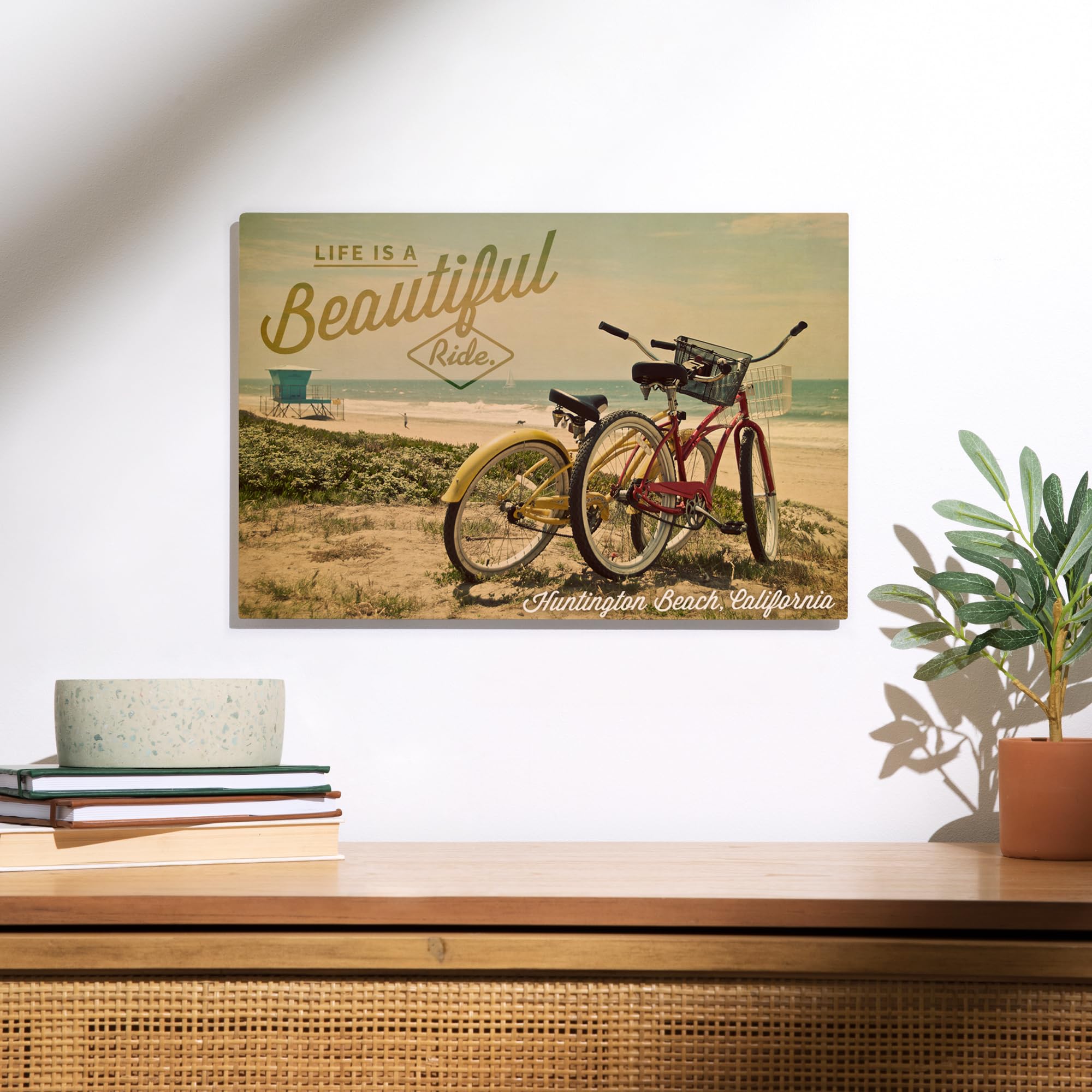 Premium 12x18 Inch Wood Wall Sign - 'Life is a Beautiful Ride' Huntington Beach California Decor | Ready to Hang Beach Cruiser Art for Home, Office, or Coastal Living Spaces