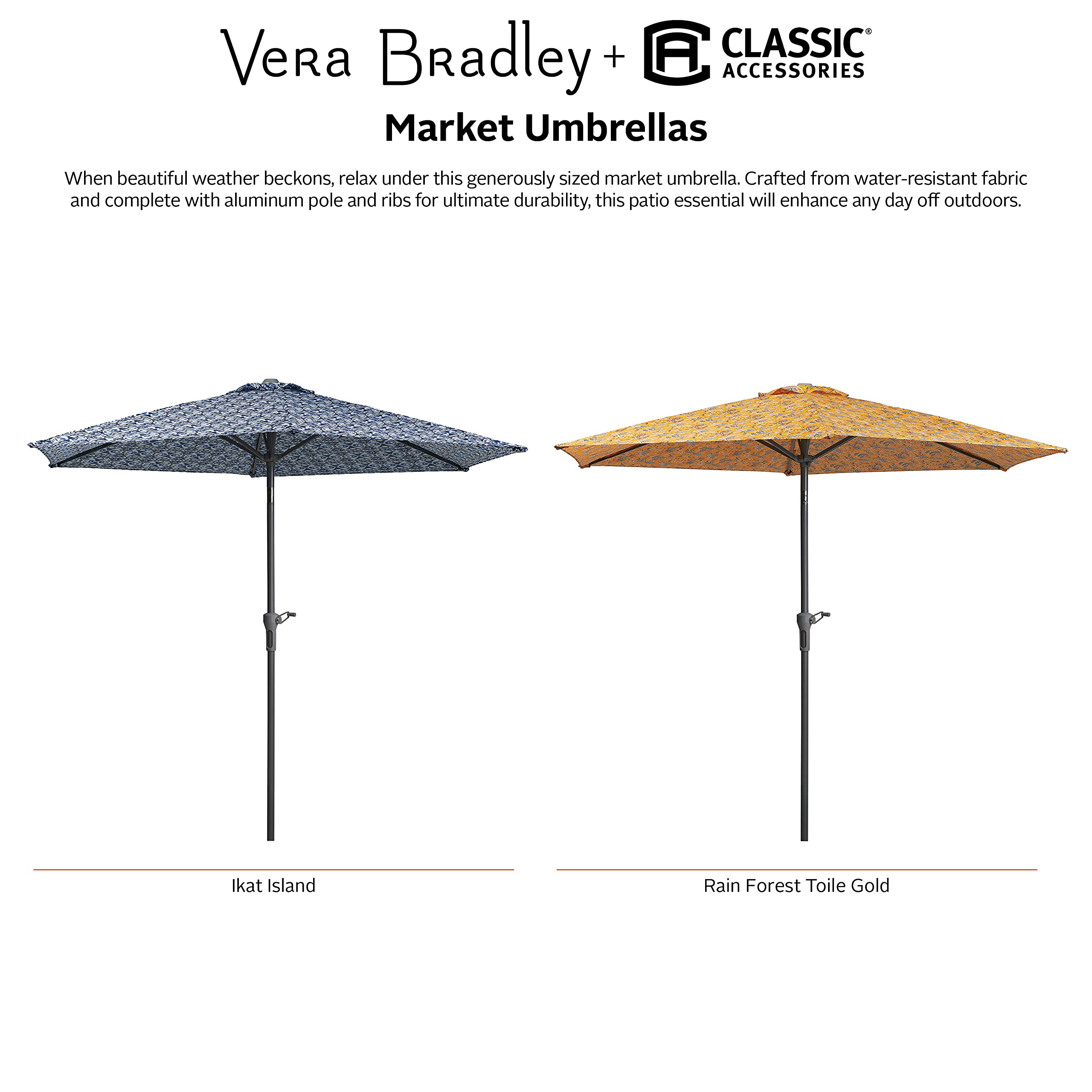 Vera Bradley by Classic Accessories 9 Foot Water-Resistant Market Umbrella - Rainforest Toile Gold Pattern - Perfect for Outdoor Events, Beach Trips & Garden Parties