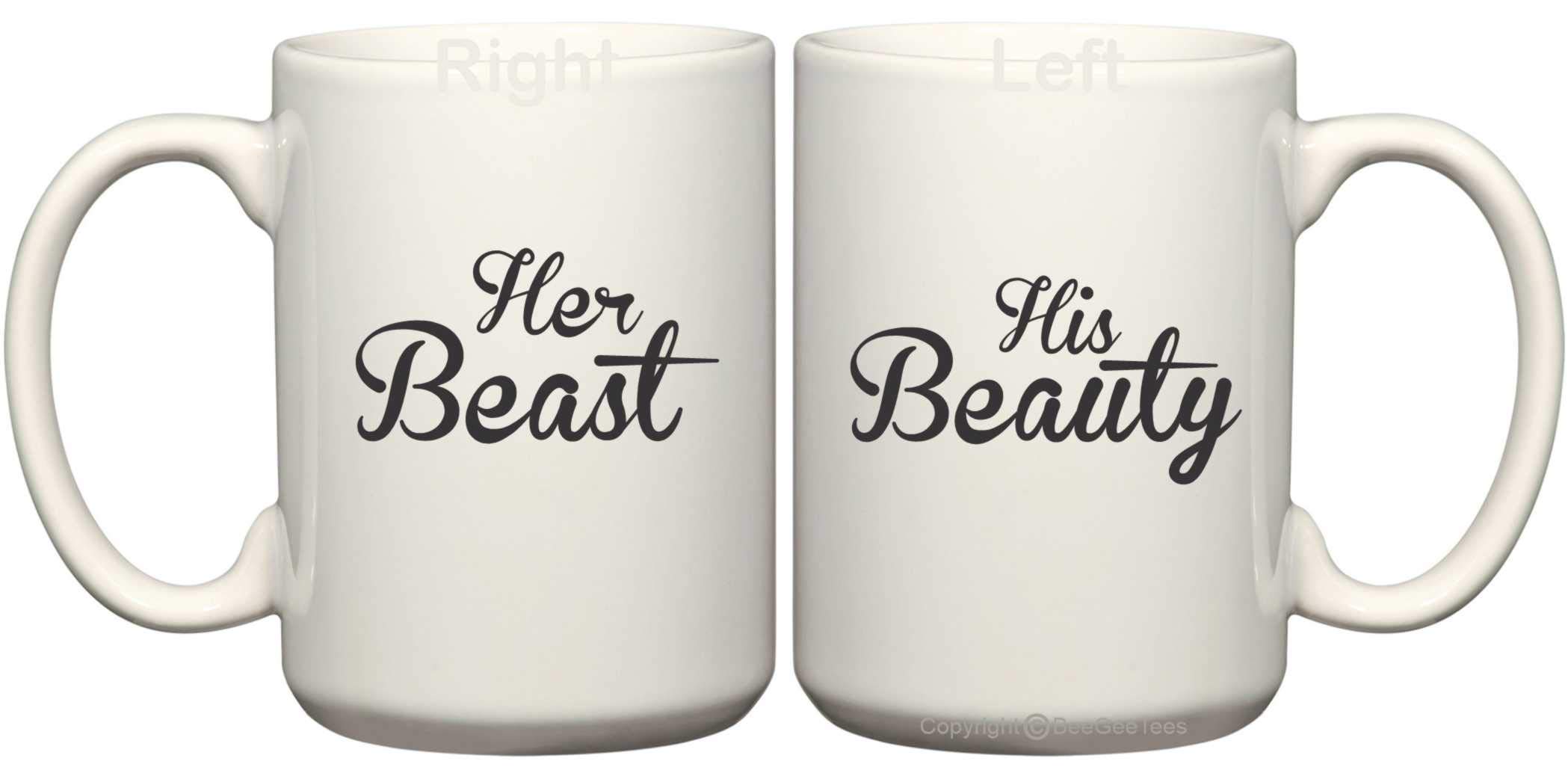 His Beauty Her Beast Couple Coffee Mugs Set - 15 oz His & Hers Matching Mugs for Tea, Coffee, Hot Chocolate - Perfect Romantic Gift for Couples, Anniversaries & Valentine's Day