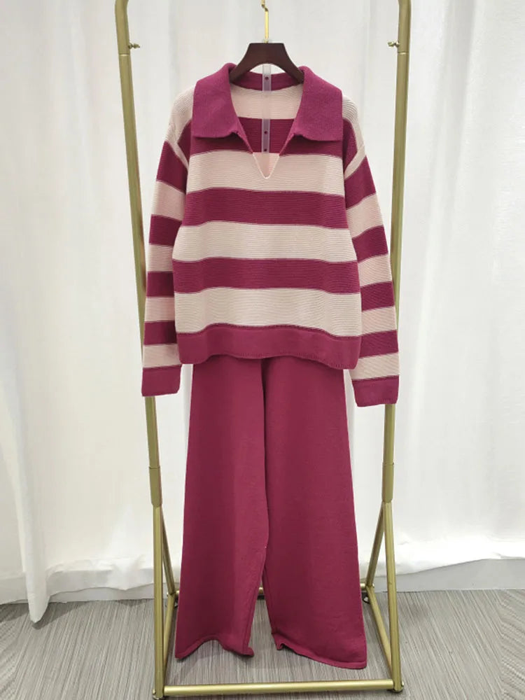 Big Size Loose Knit 2 Piece Set - Lapel Striped Long Sleeve Sweater & High Waist Pant Suit for Women | 2023 Autumn Winter Fashion | Plus Size Outfit for Work, Office & Casual Wear