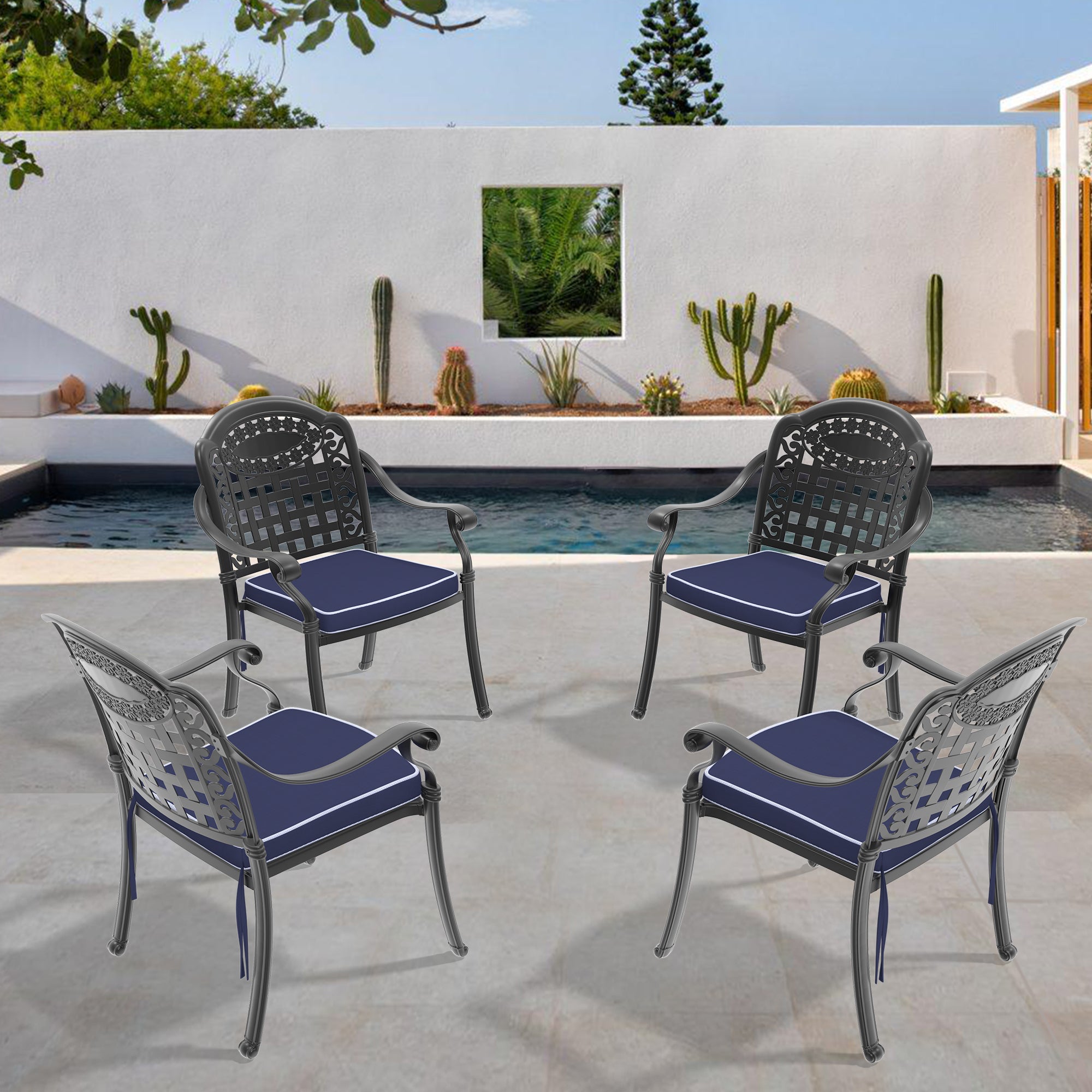 4-Piece Cast Aluminum Patio Dining Chair Set with Black Frame & Cushions - Outdoor Garden Furniture for Backyard, Poolside & Restaurant Use
