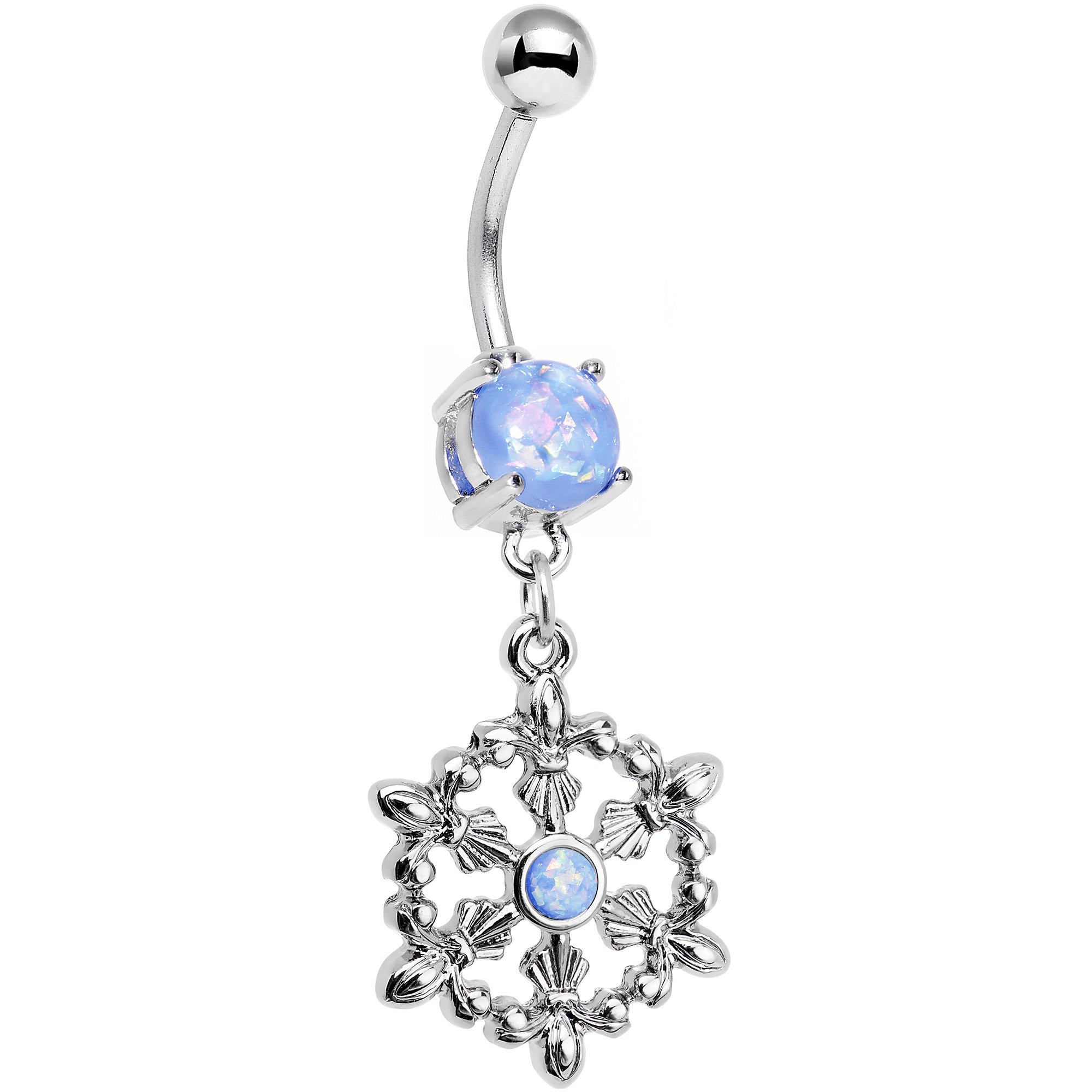 Steel Iridescent Belly Ring - Light Blue Fleur de Lis Dangle for Piercing & Fashion
