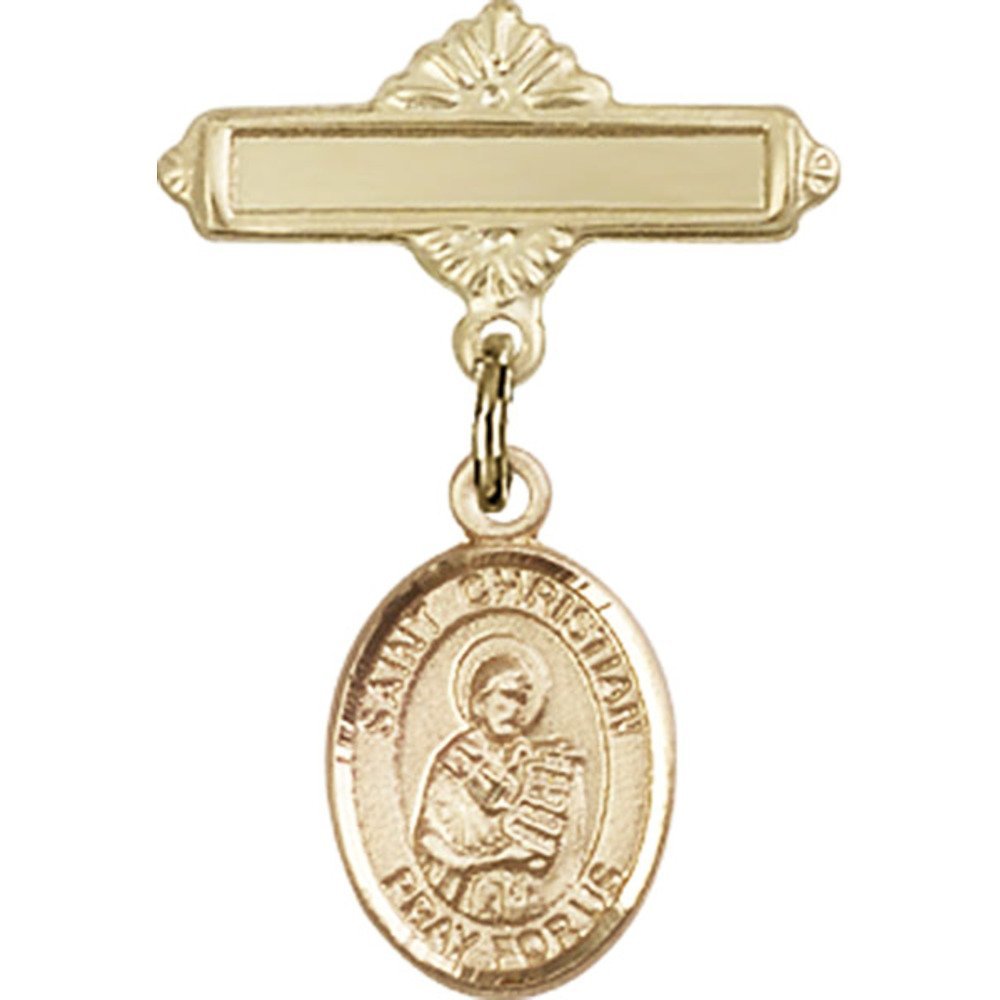 Gold Filled Baby Badge with St. Christian Demosthenes Charm - 1 X 5/8 Inches Polished Pin for Christening, Baptism & Baby Shower Gifts - Religious Jewelry for Newborns & Infants