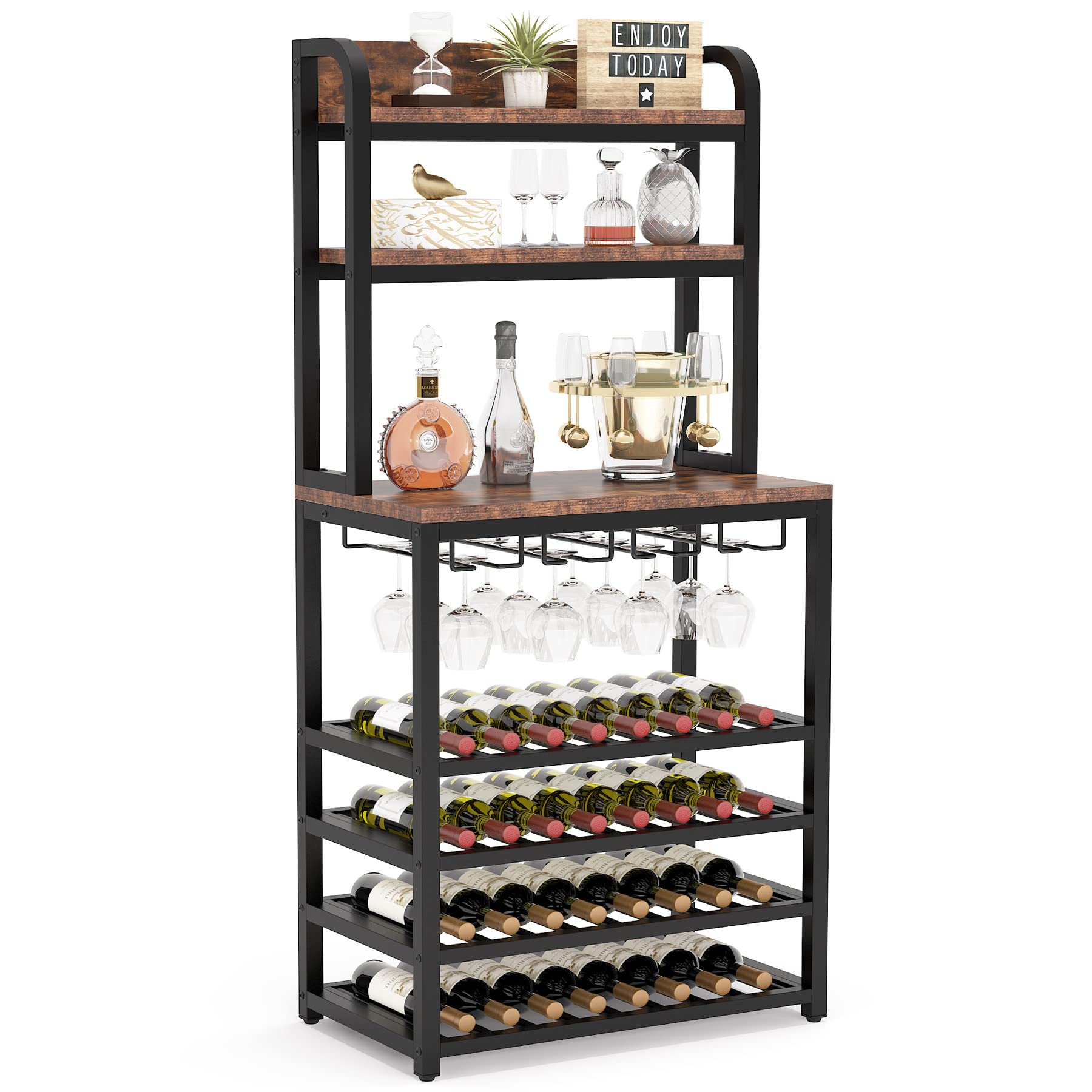 Tribesigns 7-Tier Freestanding Wine Rack - 32 Bottle Capacity Floor Wine Storage Organizer with Glass Holder, Rustic Brown Wooden Wine Bar Cabinet for Kitchen, Dining Room & Home Bar Decor | Perfect for Wine Enthusiasts & Entertaining Guests