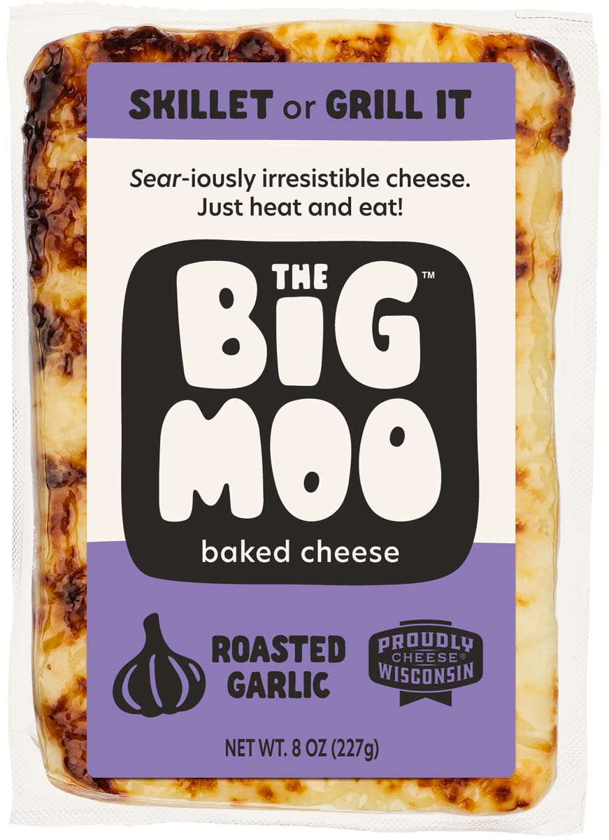 THE BIG MOO Baked Cheese Roasted Garlic - Bundle of 3 (8 oz Blocks) | Keto, Low Carb, Gluten-Free, Sugar-Free Healthy Snacks | High Protein, Atkins & Diabetic Friendly | Gourmet Cheese Fat Bombs for Carnivore Diet | Perfect for On-the-Go, Office Snacking & Keto Meal Prep