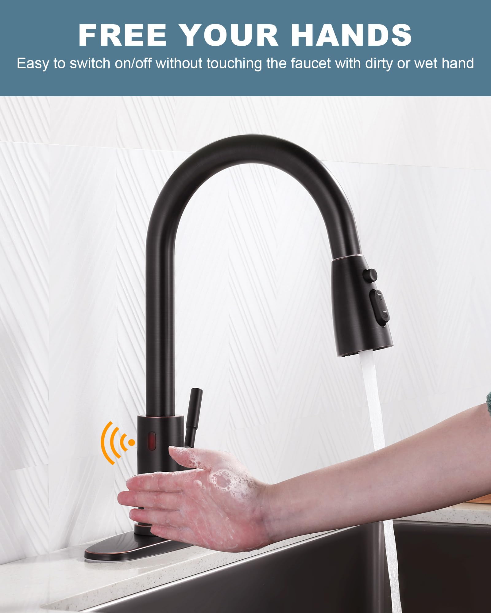 WOWOW Smart Motion Sensor Touchless Kitchen Faucet - Stainless Steel Automatic Hands-Free Faucet with Pull Down Sprayer, Oil Rubbed Bronze Finish for 1 or 3 Hole Sink Installation | Perfect for Busy Home Cooks & Commercial Kitchens