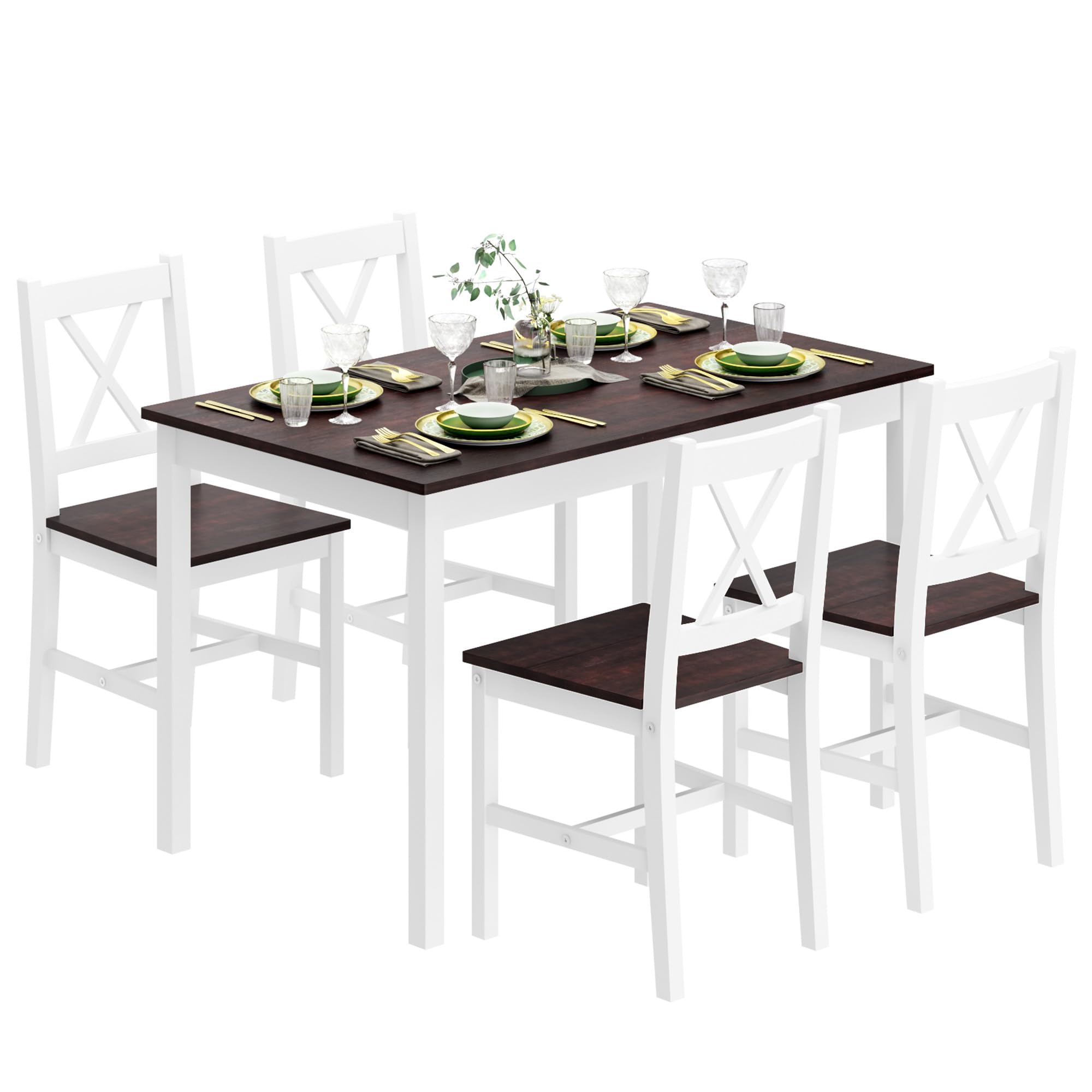 42.5 Inch Pine Wood Dining Table Set for 4 with 4 Chairs - 5-Piece Kitchen Table Set for Small Spaces, Apartments, Breakfast Nook - Walnut & White Finish - Perfect for Compact Homes, Studio Apartments & Cozy Dining Areas
