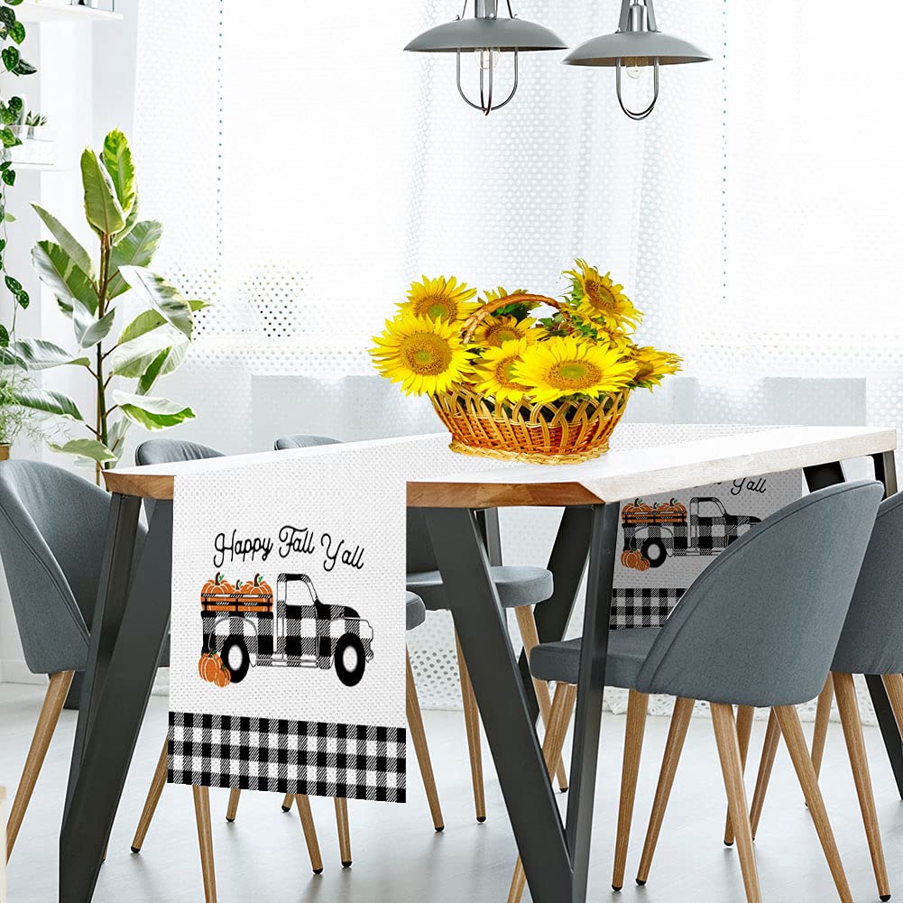 Autumn Pumpkin Truck Table Runner - 13x70 Inch Buffalo Plaid Seasonal Decor for Thanksgiving, Christmas & Fall Home Parties - Perfect for Dining Table, Kitchen Decor & Holiday Gatherings
