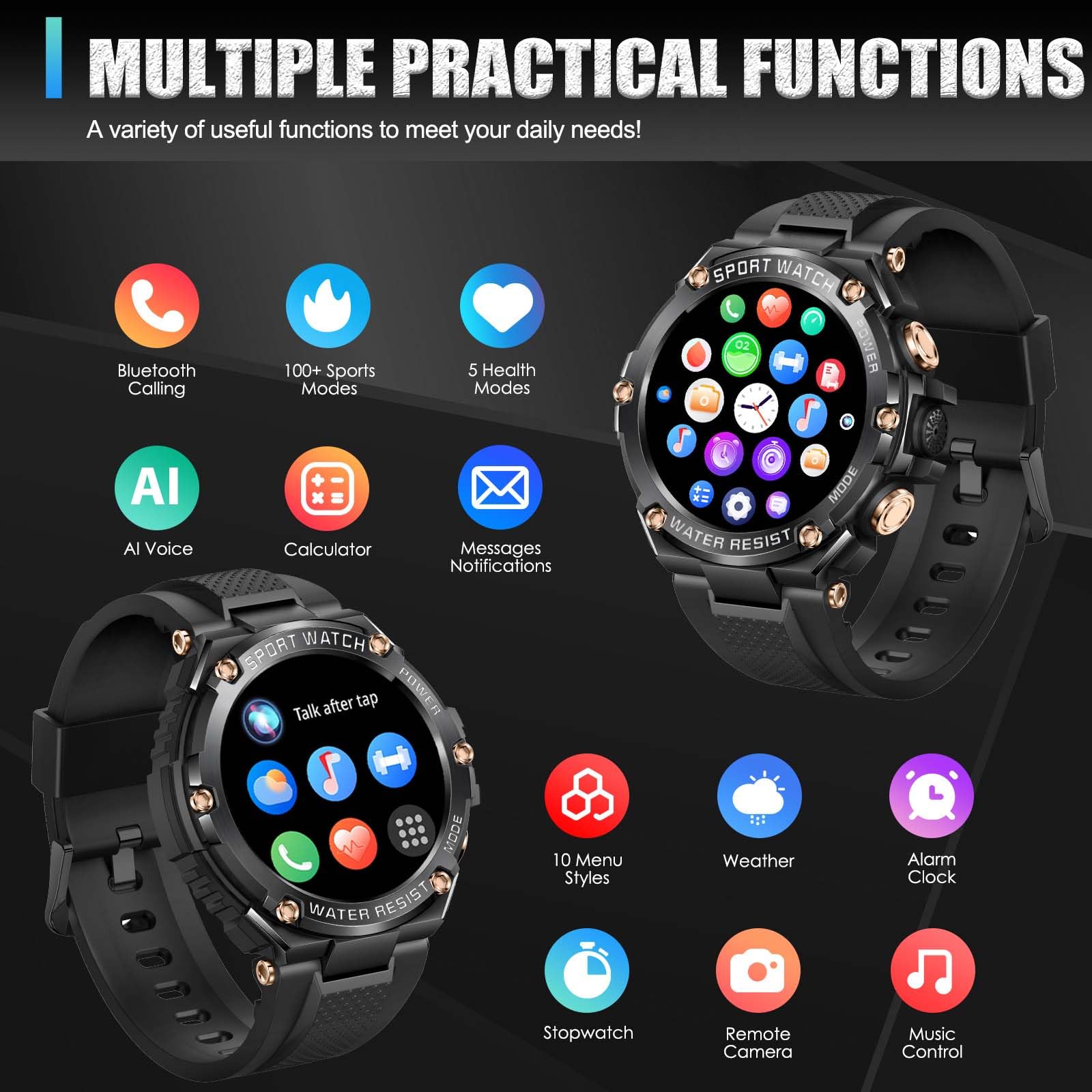 Military Tactical Smartwatch for Men - 800mAh Long Battery Life, Bluetooth Call Notifications, 1.5