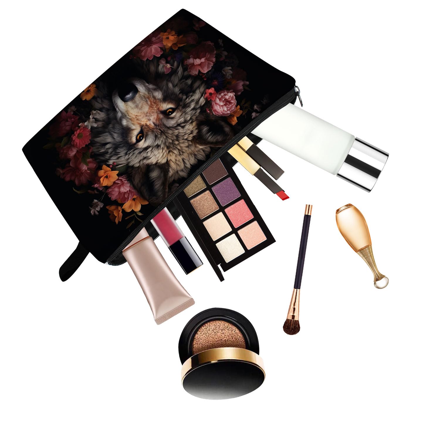 Floral Wolf Print Makeup Bag - Cute Small Zippered Cosmetic Organizer for Women | Perfect Birthday Gift for Wolf Lovers | Great for Travel, Gym & Daily Beauty Essentials