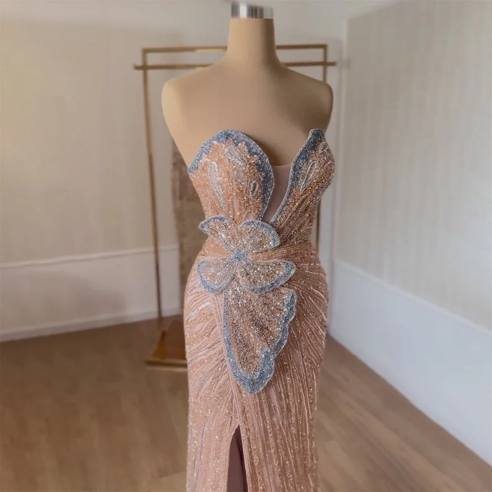 Luxury Dubai Saudi Arabic Pink Mermaid Evening Dress with High Slit - Elegant Formal Gown for Weddings, Prom, Red Carpet & Special Occasions