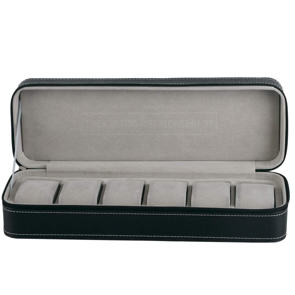 ACO&BEBE 6-Grid Watch Organizer Box with Zippered Closure - Compact Travel Jewelry Case for Watches & Accessories (Black) - Perfect for Business Trips & Vacation Storage