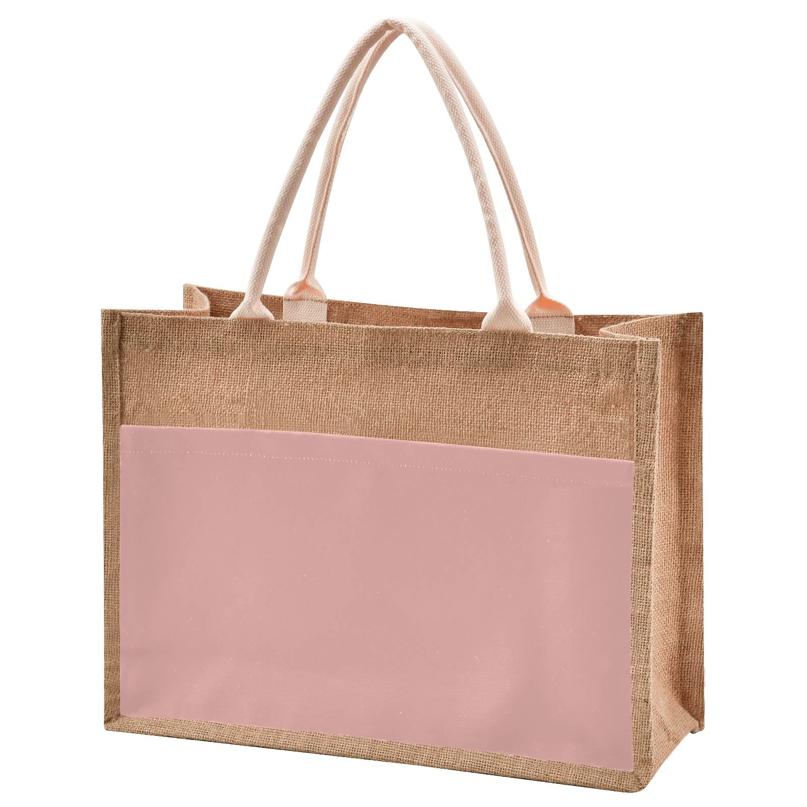 Linqin Pink Jute Tote Bag - Waterproof Burlap Straw Grocery Shopping Bag with Sturdy Handles - Eco-Friendly Reusable Bag for Beach, Travel, Market & Daily Use