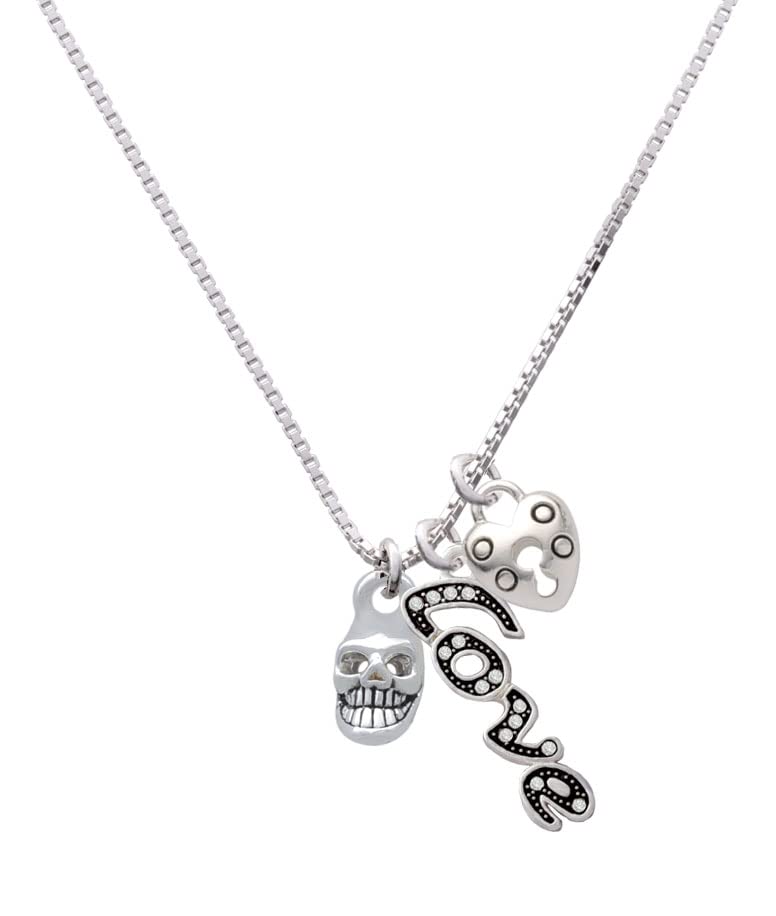 Delight Jewelry Silver-Tone Mini Skull Love & Lock Charm Necklace 18
