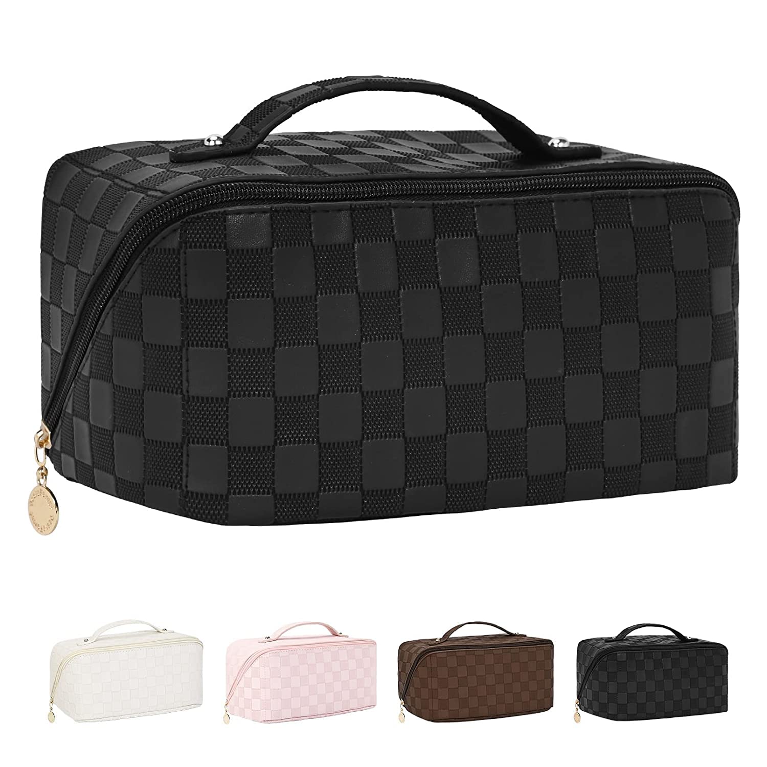 Large Capacity Checkered Leather Makeup Bag for Women - Travel Cosmetic Organizer, Portable Toiletry Bag with Flat Lay Design (Black Checkered Pattern) | Perfect for Air Travel, Gym, Weekend Getaways & Everyday Essentials Storage