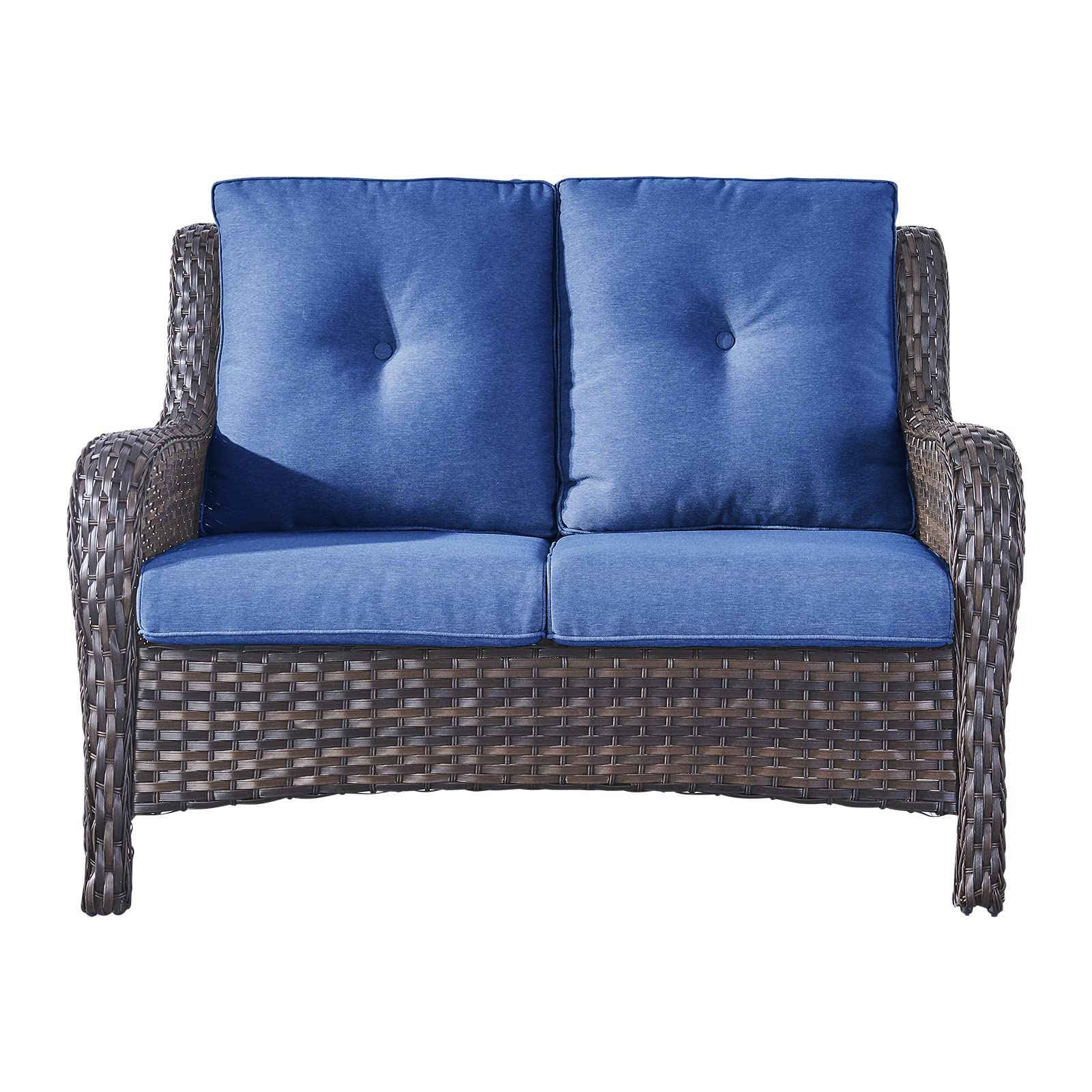 Rilyson 2-Seat Wicker Patio Loveseat Sofa - Brown/Blue Rattan Outdoor Furniture with Deep Seating & Cushions for Porch, Deck, Balcony | Perfect for Backyard Relaxation, Poolside Lounging & Garden Gatherings