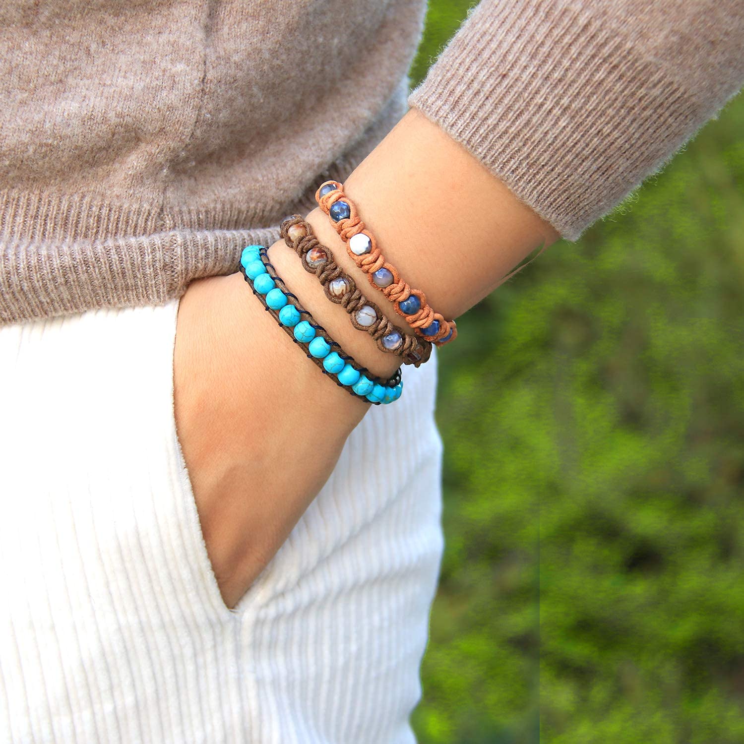 KELITCH Handmade Turquoise Skull Beaded Wrap Bracelet - Brown Leather Adjustable Wristband for Women | Boho Chic Jewelry Gift for Festival, Party & Everyday Wear