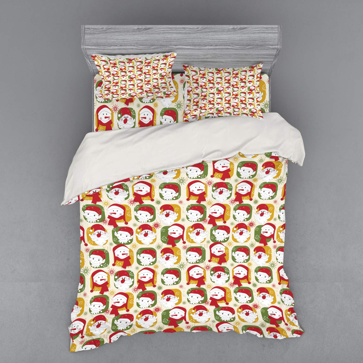 Ambesonne Christmas Duvet Cover Set - Festive Santa Claus, Snowman & Elves in Red Party Hats - 4 Piece Queen Size Bedding Set with Shams & Fitted Sheet - Holiday Home Decor for Bedroom, Guest Room & Christmas Party Decoration