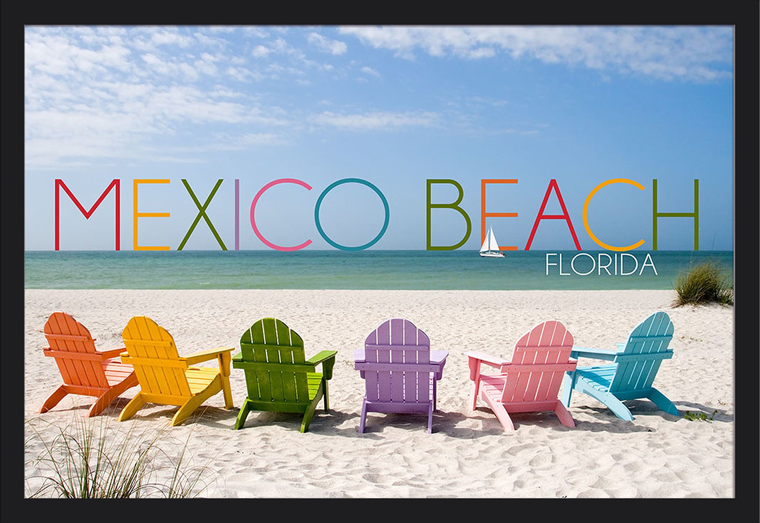 Mexico Beach Florida Colorful Beach Chairs Sailboat 86606 - 36x24 Giclee Art Print Gallery Framed in Black Wood - Perfect for Coastal Home Decor & Beach House Wall Art