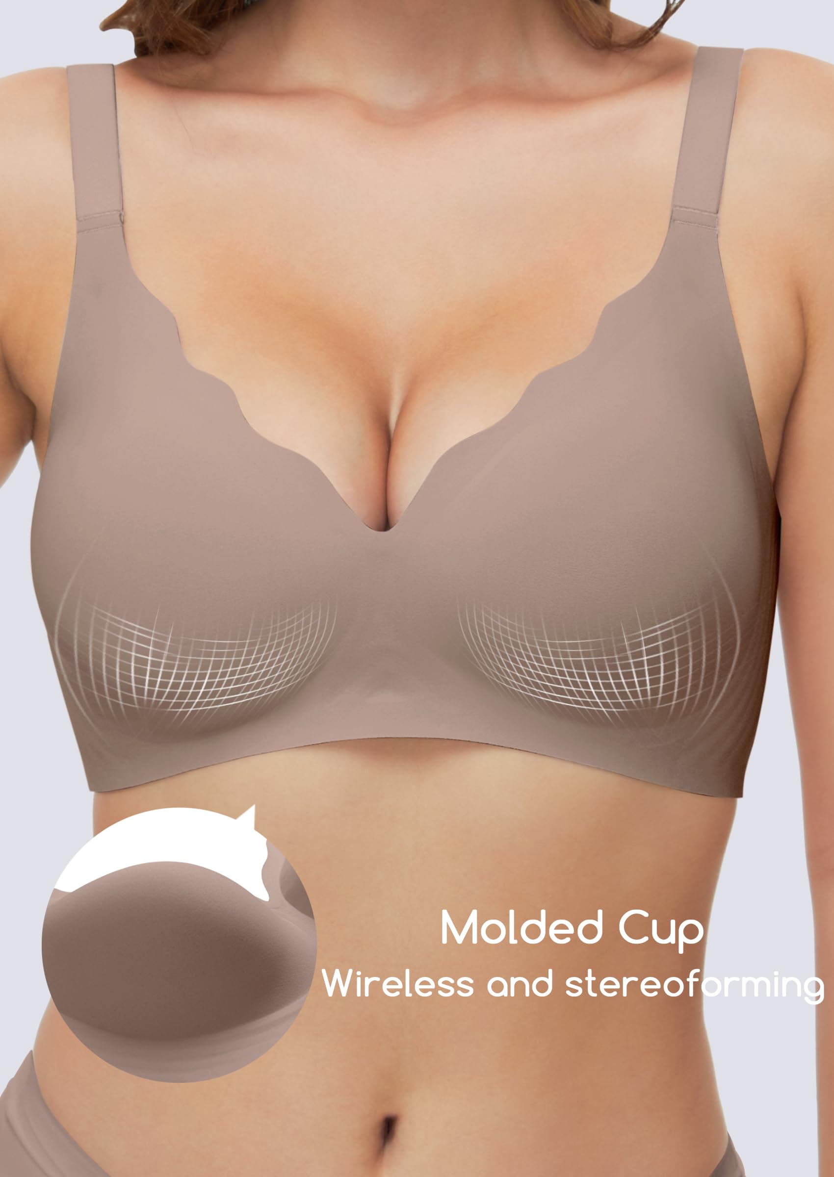 Wireless Comfort Bras for Women - Seamless No Underwire Bralette with Scalloped Deep V Neck - Soft Sleeping & Everyday Wear - Perfect for Yoga, Lounging, and Relaxation