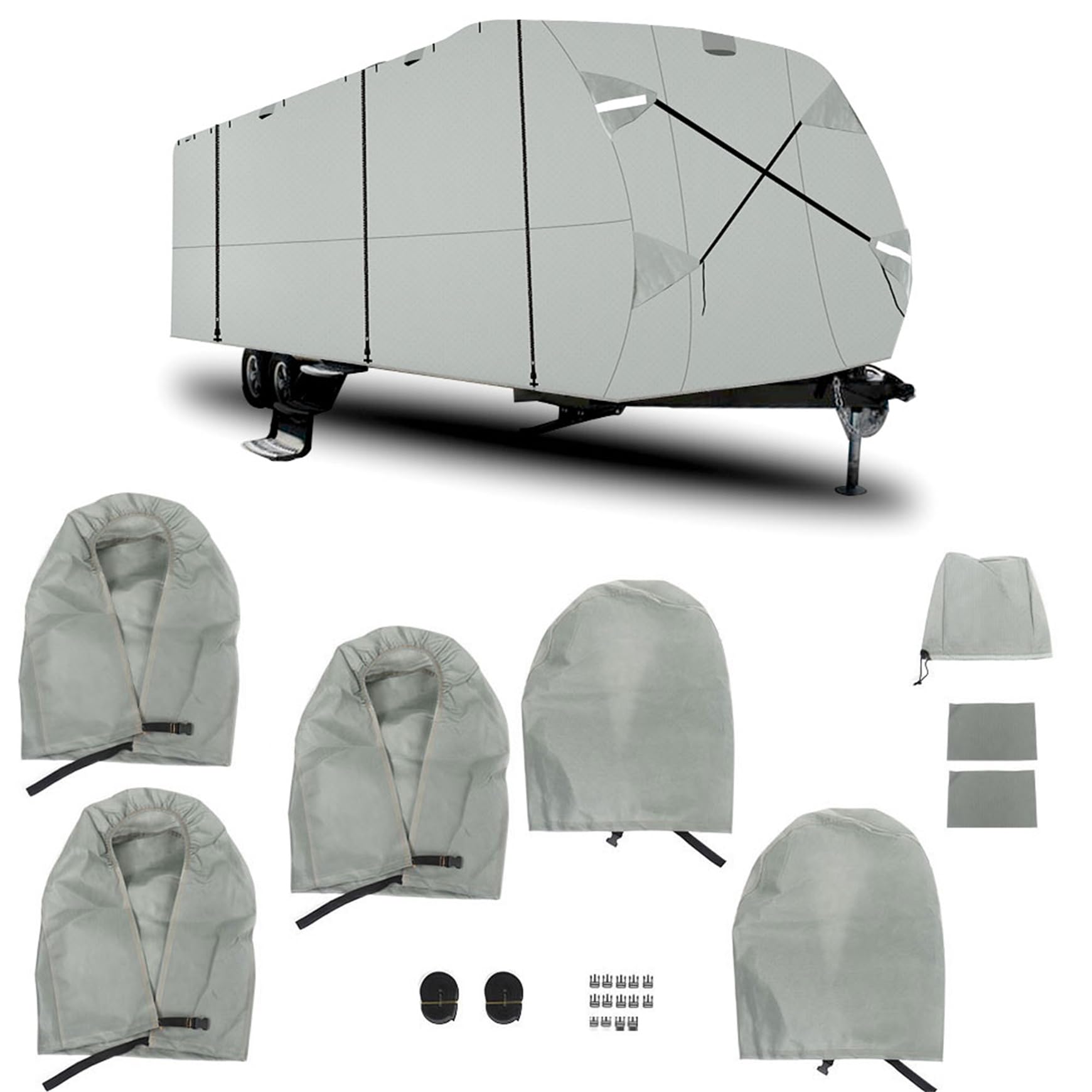 22-24 Foot RV Cover Windproof 4-Layer Thick Waterproof Camper Trailer Cover with Accessories - Heavy Duty Grey Travel Protection for Outdoor Camping & Winter Storage