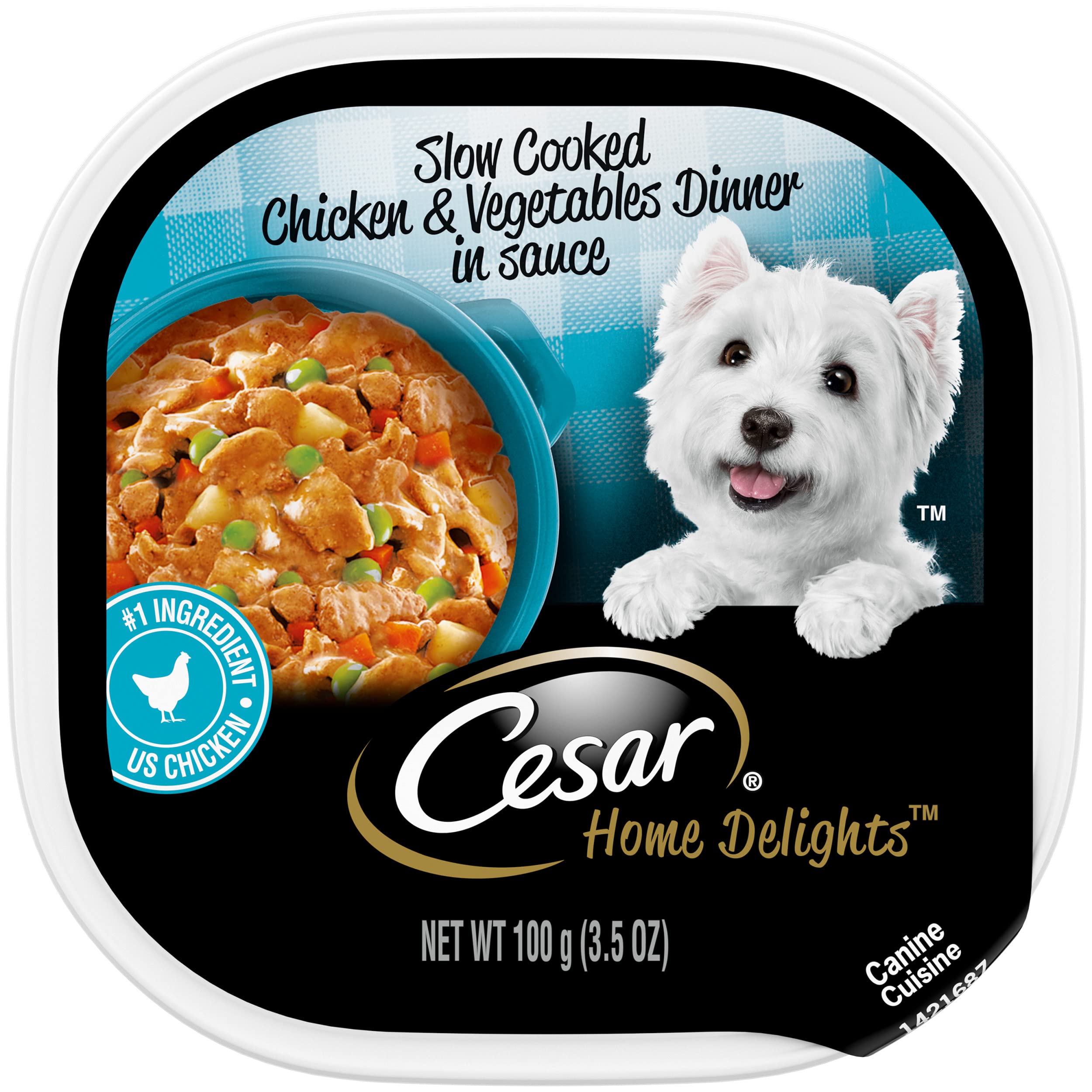 Premium CESAR HOME DELIGHTS Adult Wet Dog Food - Slow Cooked Chicken & Vegetables in Savory Sauce, 3.5 oz Easy-Peel Trays (Pack of 24) | Perfect for Mealtime, Training Rewards & Senior Dogs