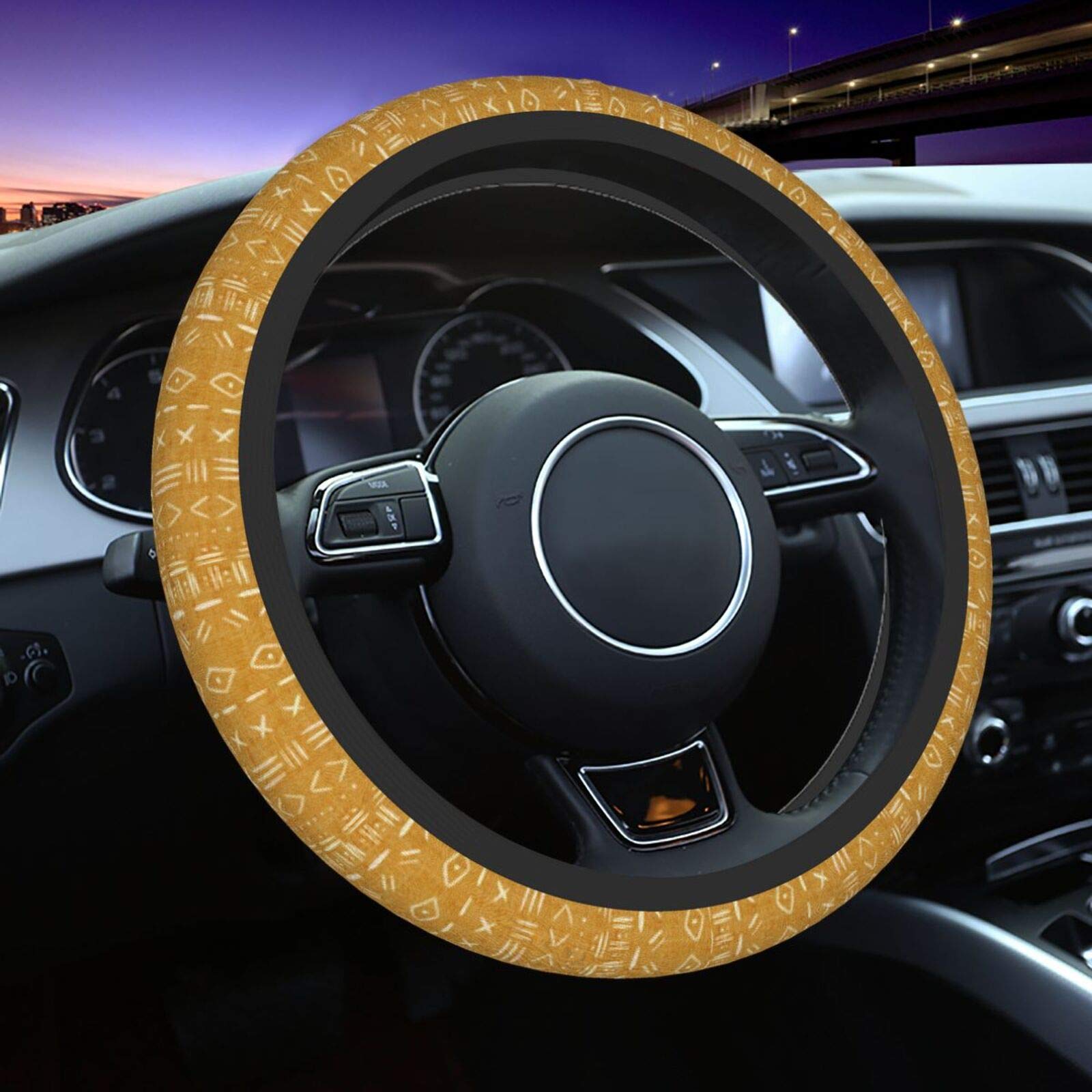 Universal 15 Inch Bohemian Tribal Car Steering Wheel Cover - Mustard Color for Women, Men & Girls | Non-Slip Grip & Stylish Protection for Daily Commute & Road Trips