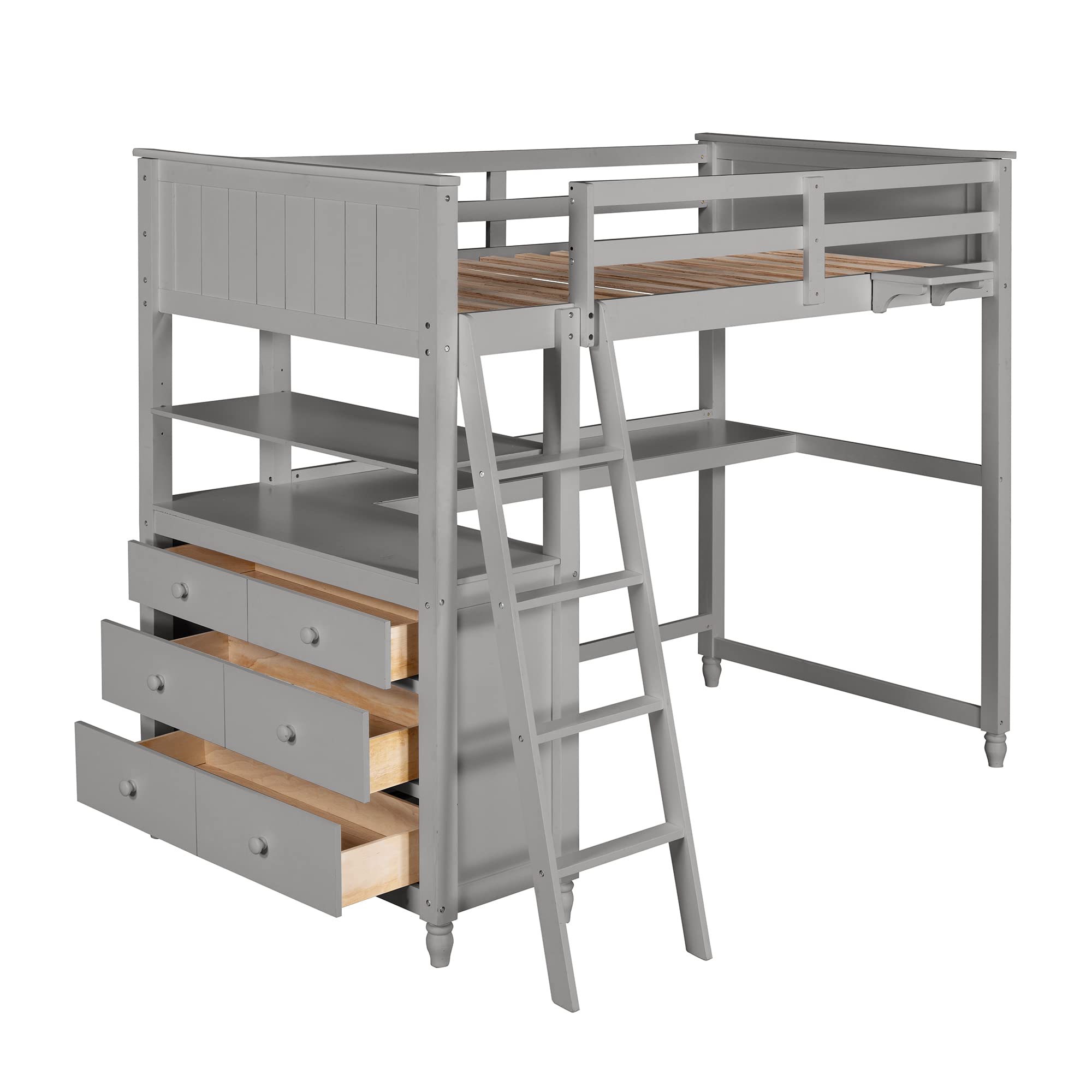 **Solid Wood Twin Loft Bed with Desk for Kids - Sturdy Loft Bed Frame with 3 Drawers & 3 Storage Shelves, Multi-Functional Study & Sleep Space with Ladder & Guardrails (Gray) - Perfect for Small Bedrooms, Dorms & Kids' Rooms**