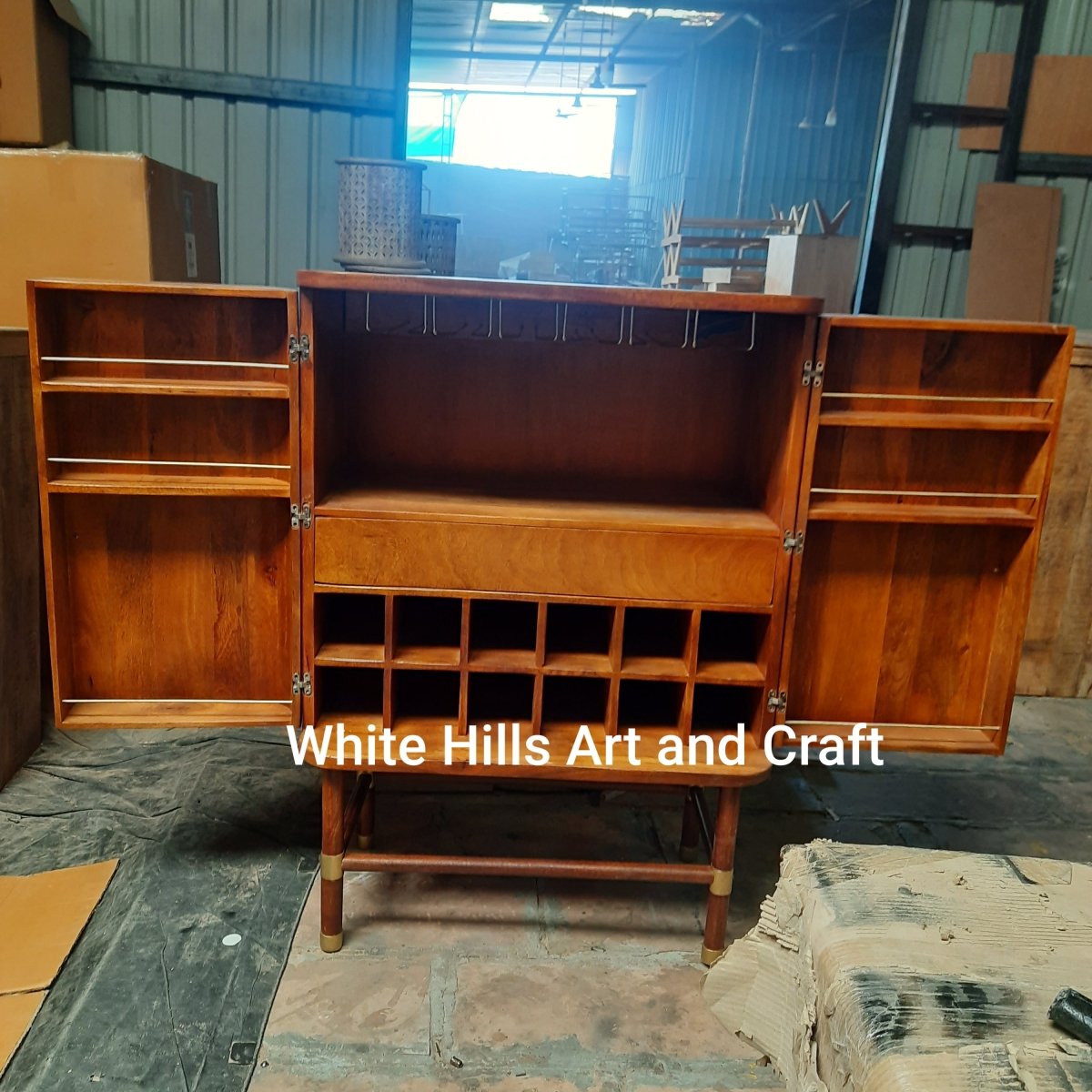 Hand Carved Deluxe Tambour Bar Cabinet - Solid Wood Home Bar Furniture for Living Room, Dining Room & Man Cave