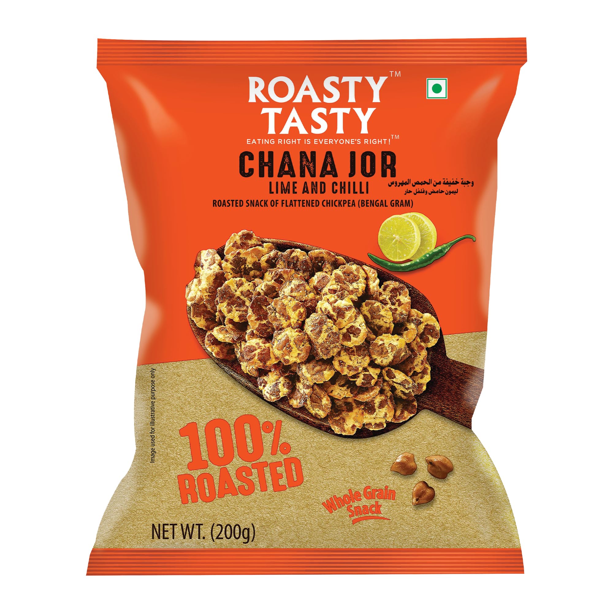 Roasted Chana Jor - Lime & Chili Flavored Whole Grain Indian Snacks (200g) | No MSG, Zero Cholesterol & Trans Fat | Gluten-Free, High Protein Diet Namkeen | Ready-to-Eat Healthy Snack | Perfect for Office, Gym & Travel | Export Quality