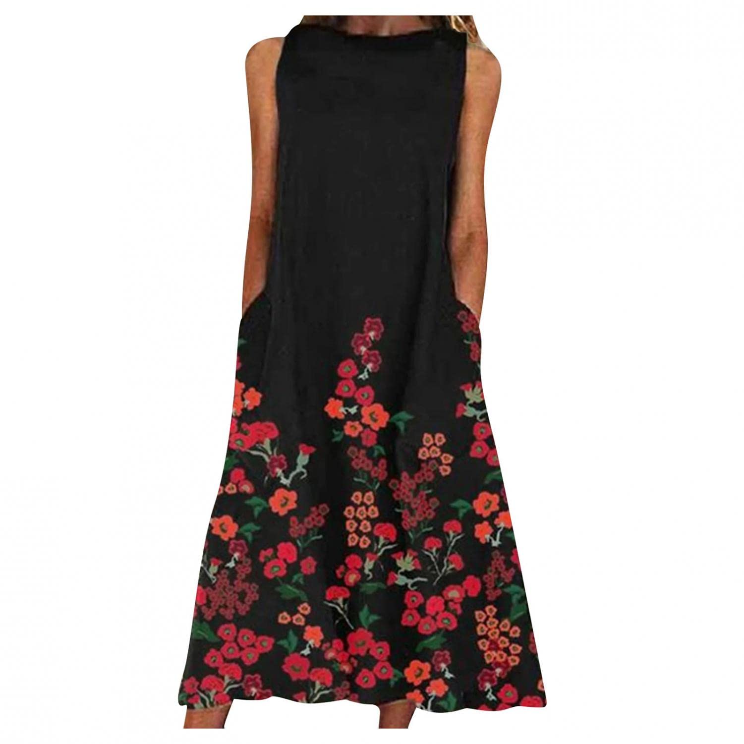 FABIURT Women's Sleeveless Floral Print Maxi Dress - O Neck Casual Loose Long Ruffle Dress with Pockets for Summer Beach, Vacation & Outdoor Events