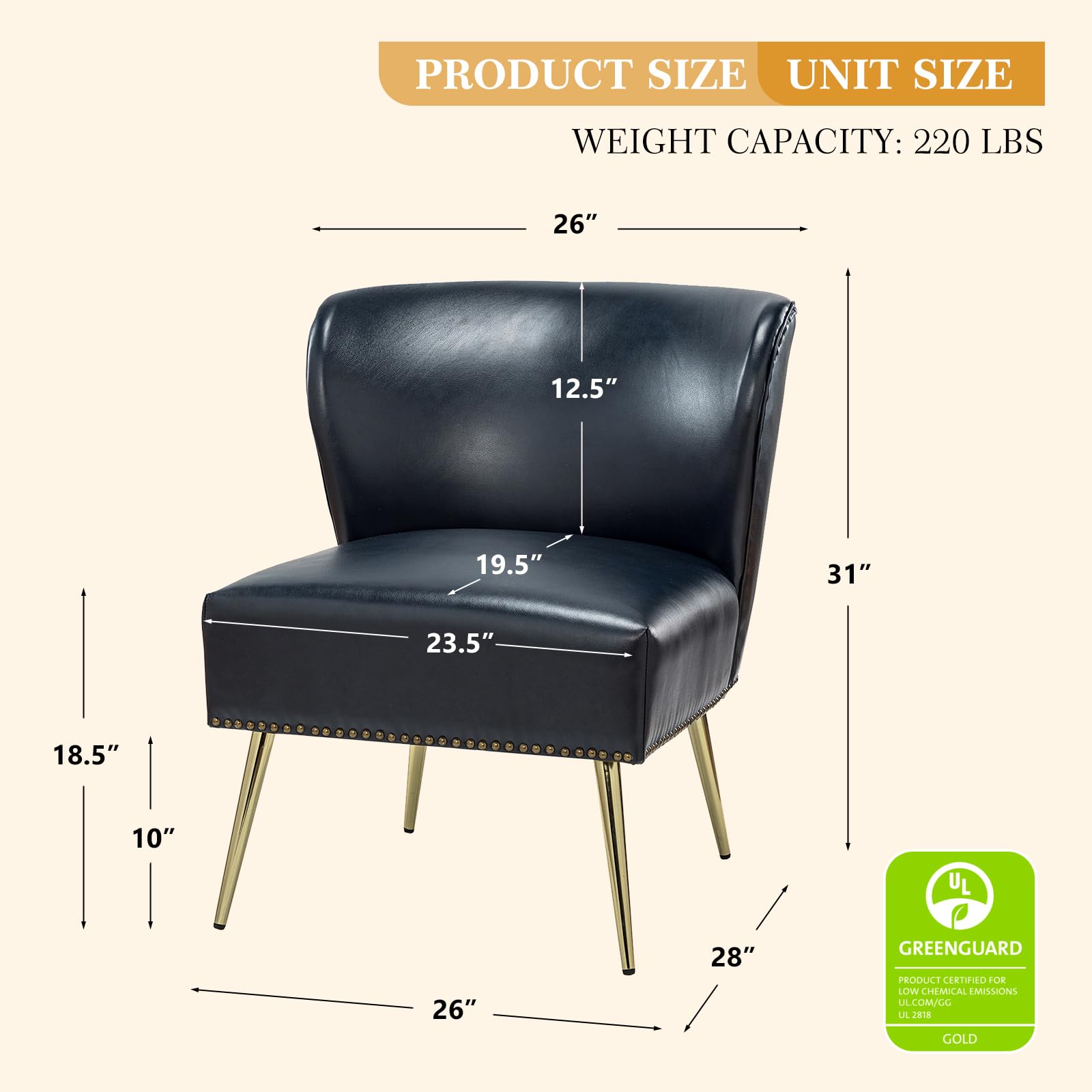 Mid Century Modern Faux Leather Accent Chair with Metal Base - Armless Living Room Chair with Rivet Trim, Navy Blue Upholstered Side Chair for Bedroom, Office & Lounge - Comfortable Home Decor Seating for Small Spaces