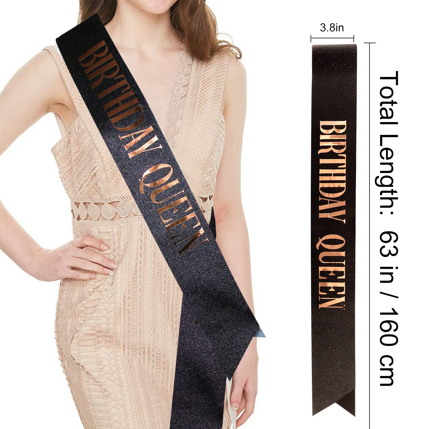 CIEHER Rose Gold Birthday Crown & Black Sash Set for Women - Elegant Crystal Tiara & Queen Crown for Birthday Parties, Decorations, and Special Celebrations - Perfect Birthday Gift for Women