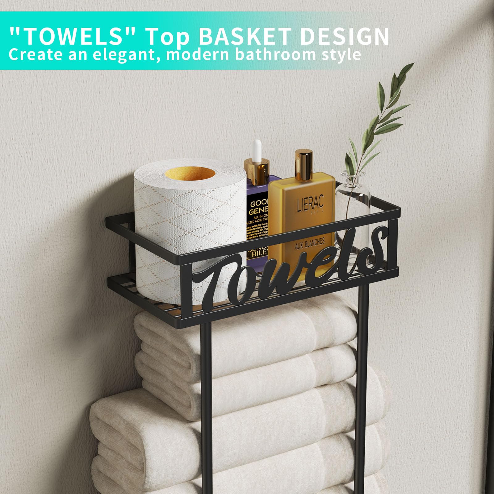 3-Tier Wall Mounted Towel Rack Organizer with Storage Basket & 6 Hooks - Space Saving Bathroom Storage Solution for Rolled Towels, Washcloths & Toiletries - Perfect for Small Bathrooms, Laundry Rooms & Spa Areas (Black)
