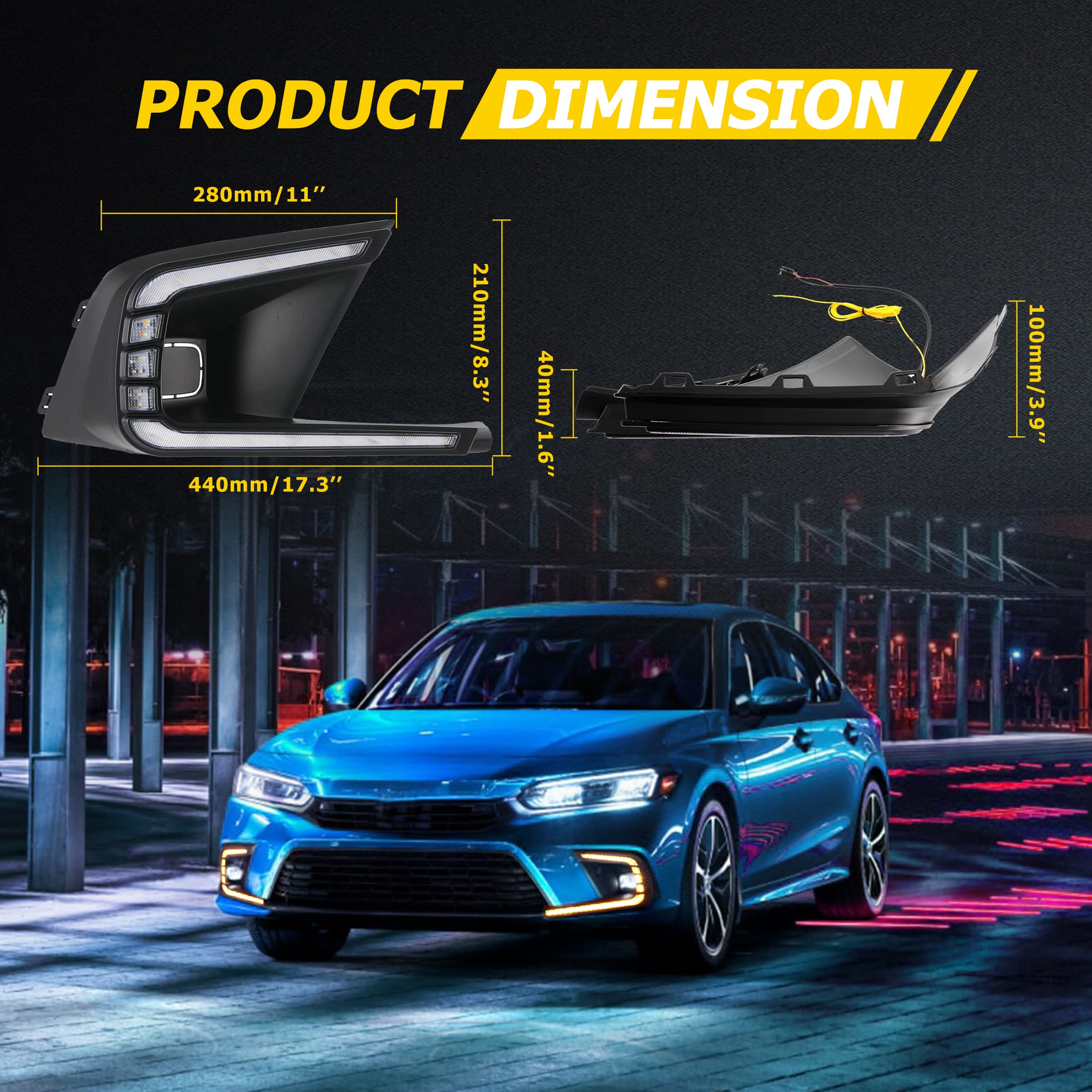 AUXMART LED Daytime Running Lights (DRL) for Honda Civic 2021-2022 - Tri-Color Fog Lights with Turn Signal Function, Bezel & Wiring Harness | Upgrade Your Civic's Style & Safety for Day/Night Driving