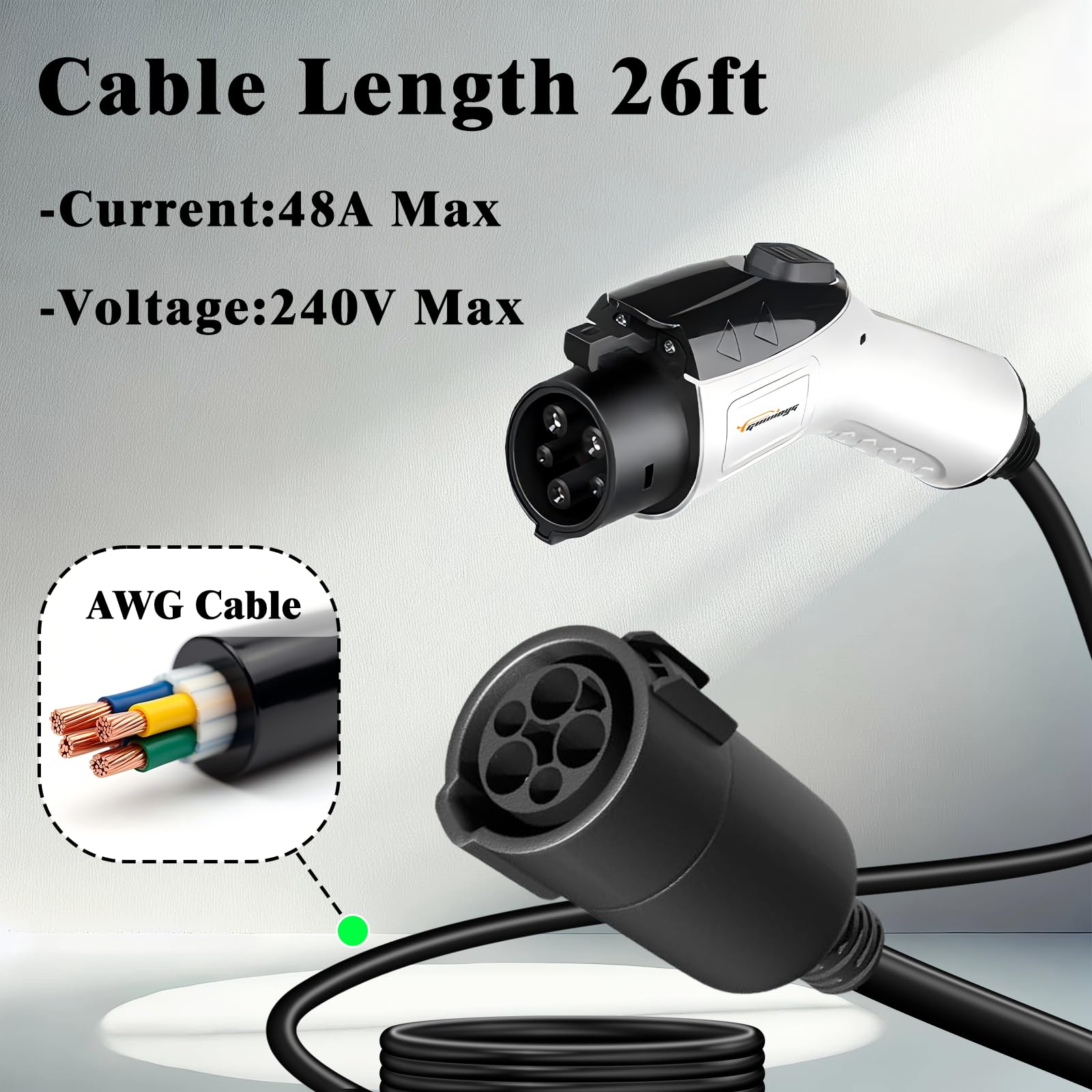 26ft J1772 EV Charger Extension Cable - 240V 48A Electric Vehicle Charging Cord for Tesla, Chevy, Nissan - Weatherproof for Home & Outdoor Use - Perfect for Garages, Driveways & RV Charging