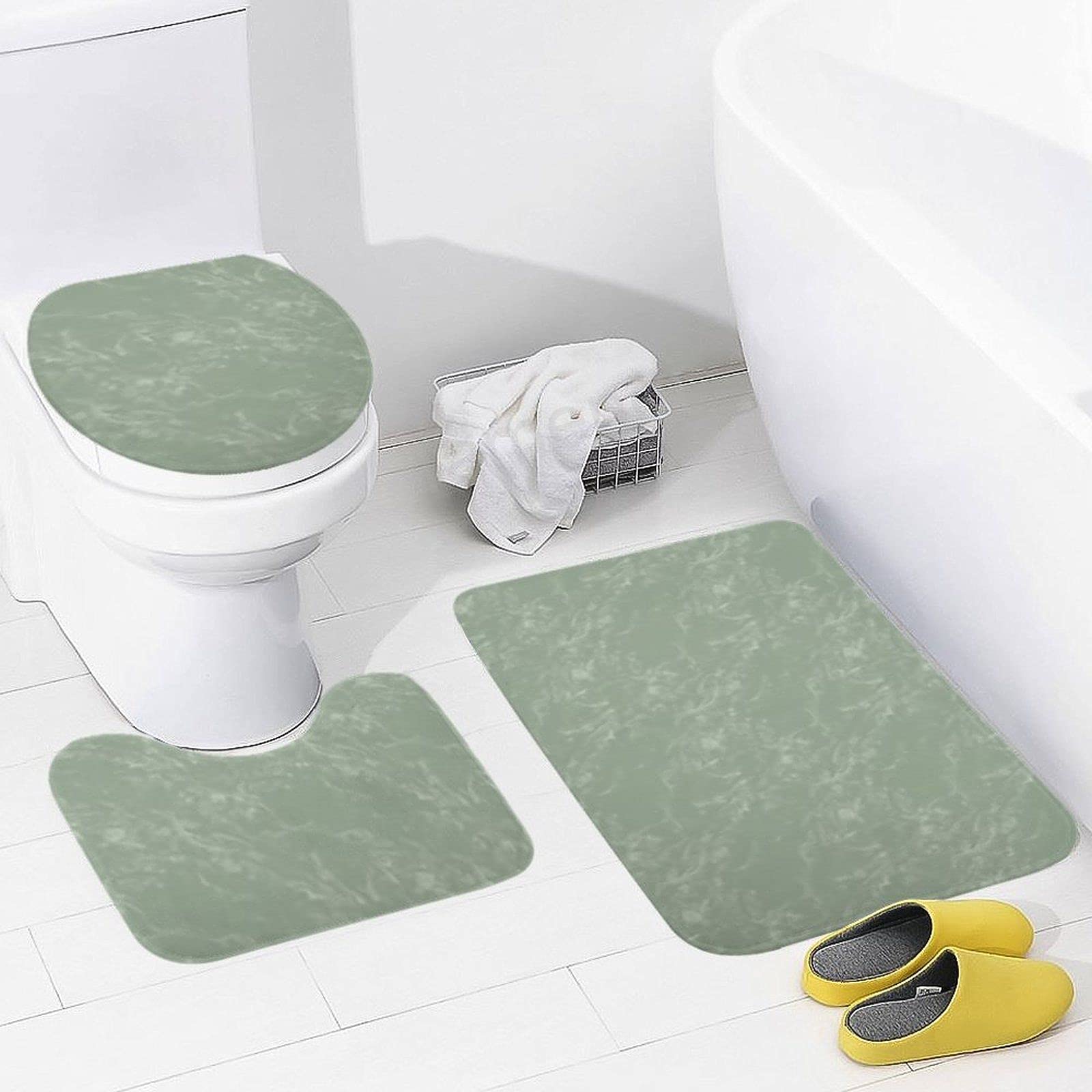 Luxury Marbled Sage 3-Piece Bathroom Rug Set - Coral Velvet Non-Slip Floor Mat, U-Shaped Contour Mat & Toilet Lid Cover - Soft Absorbent Shower Mats for Bathroom Safety (20