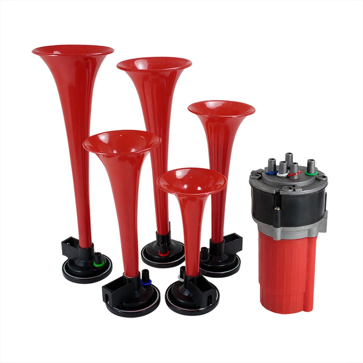 Spec-D Tuning 5-Piece 125dB Red Musical Trumpet Dixie Horn Kit with Air Compressor & Hose - La Cucaracha Sound for Cars, Trucks & Party Celebrations
