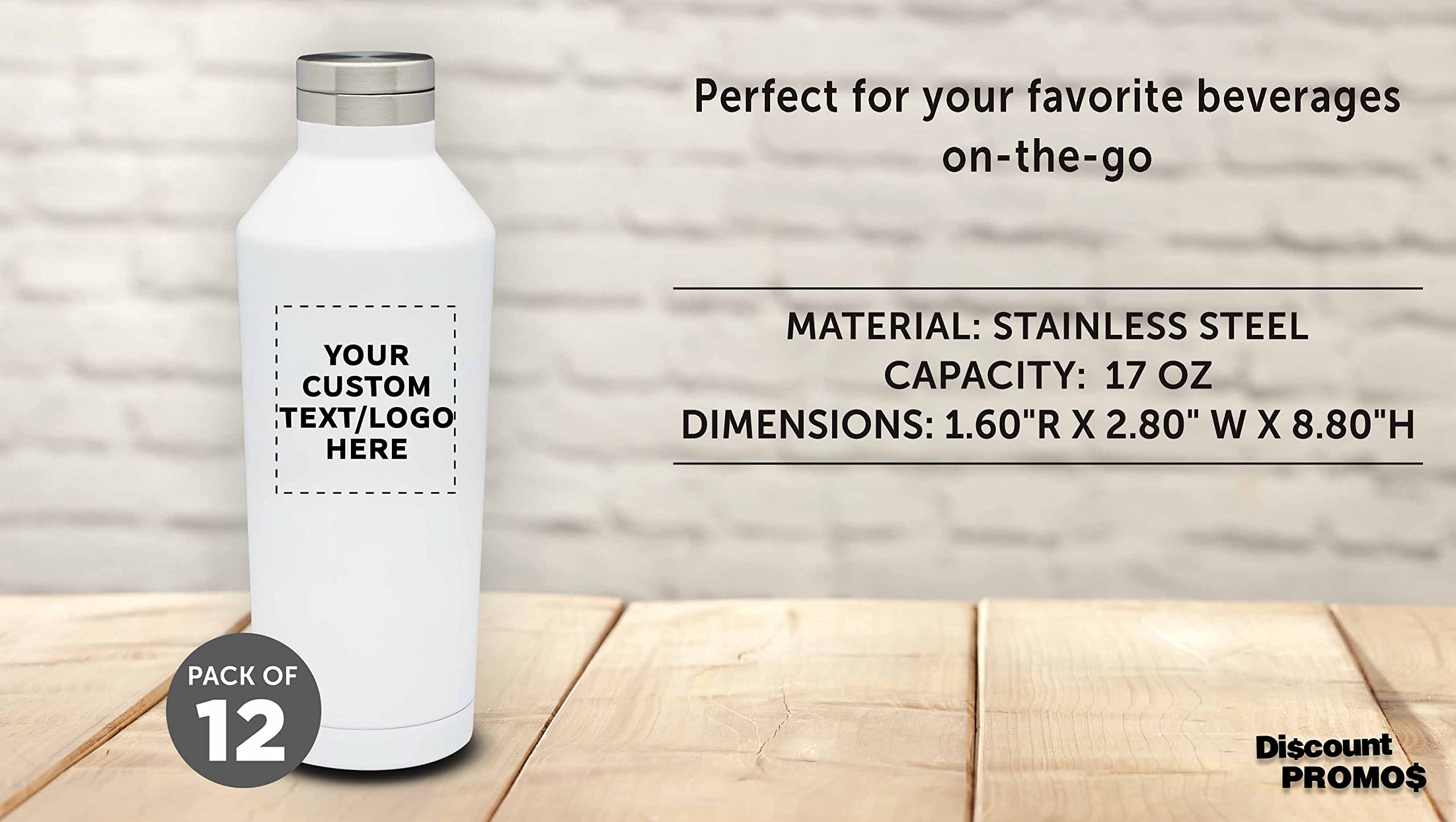 Custom Stainless Steel Water Bottles 17 oz (12 Pack) - Double Wall Insulated, Personalized Bulk Promotional Drinkware - Keeps Coffee, Tea, Soda Hot & Cold - Perfect for Office Gifts, Corporate Events, Gym & Outdoor Activities - White