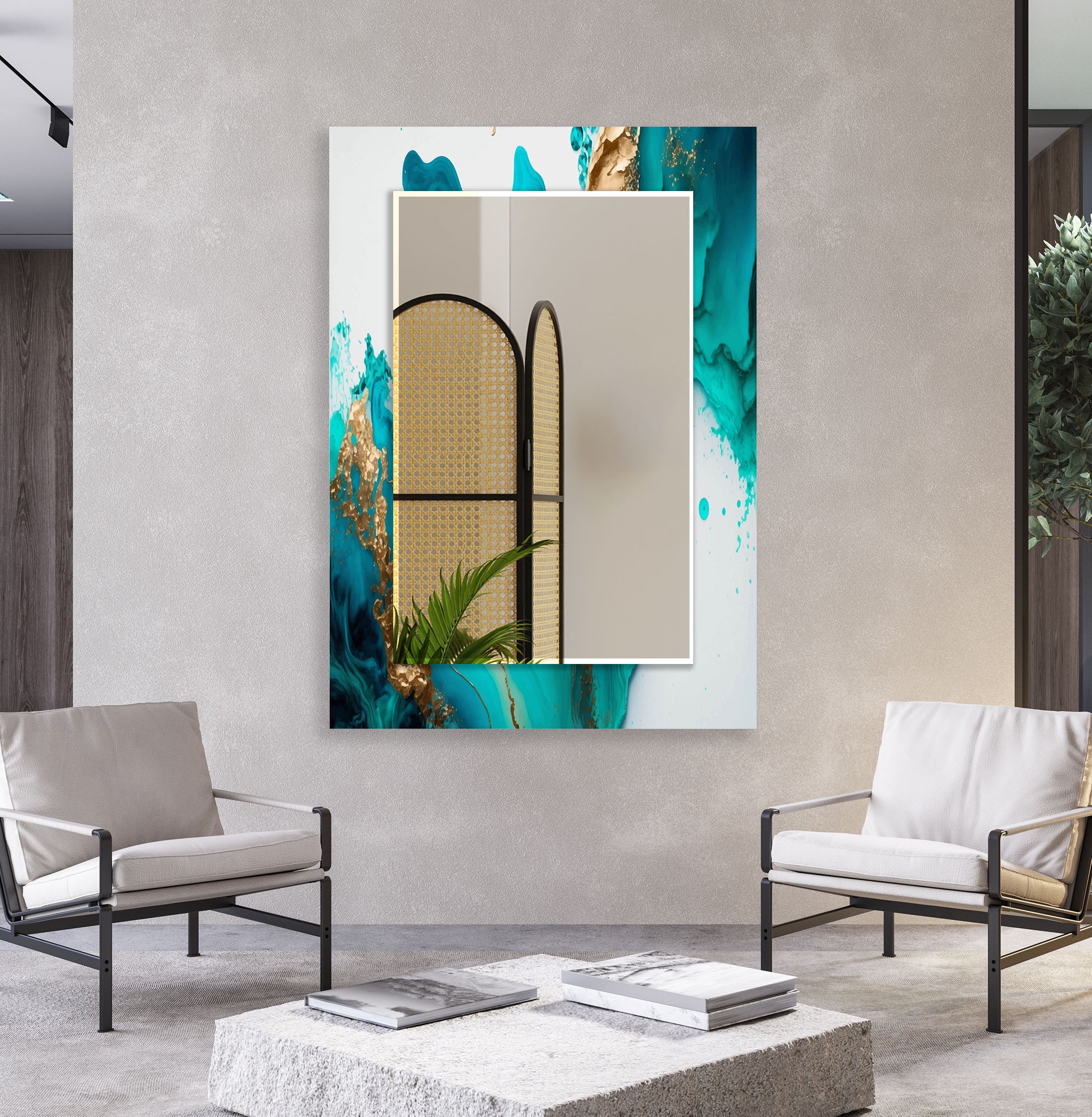 Aqua Marble Glass Wall Mirror with Turquoise Abstract Frame - Elegant Bathroom & Bedroom Decor for Modern Homes