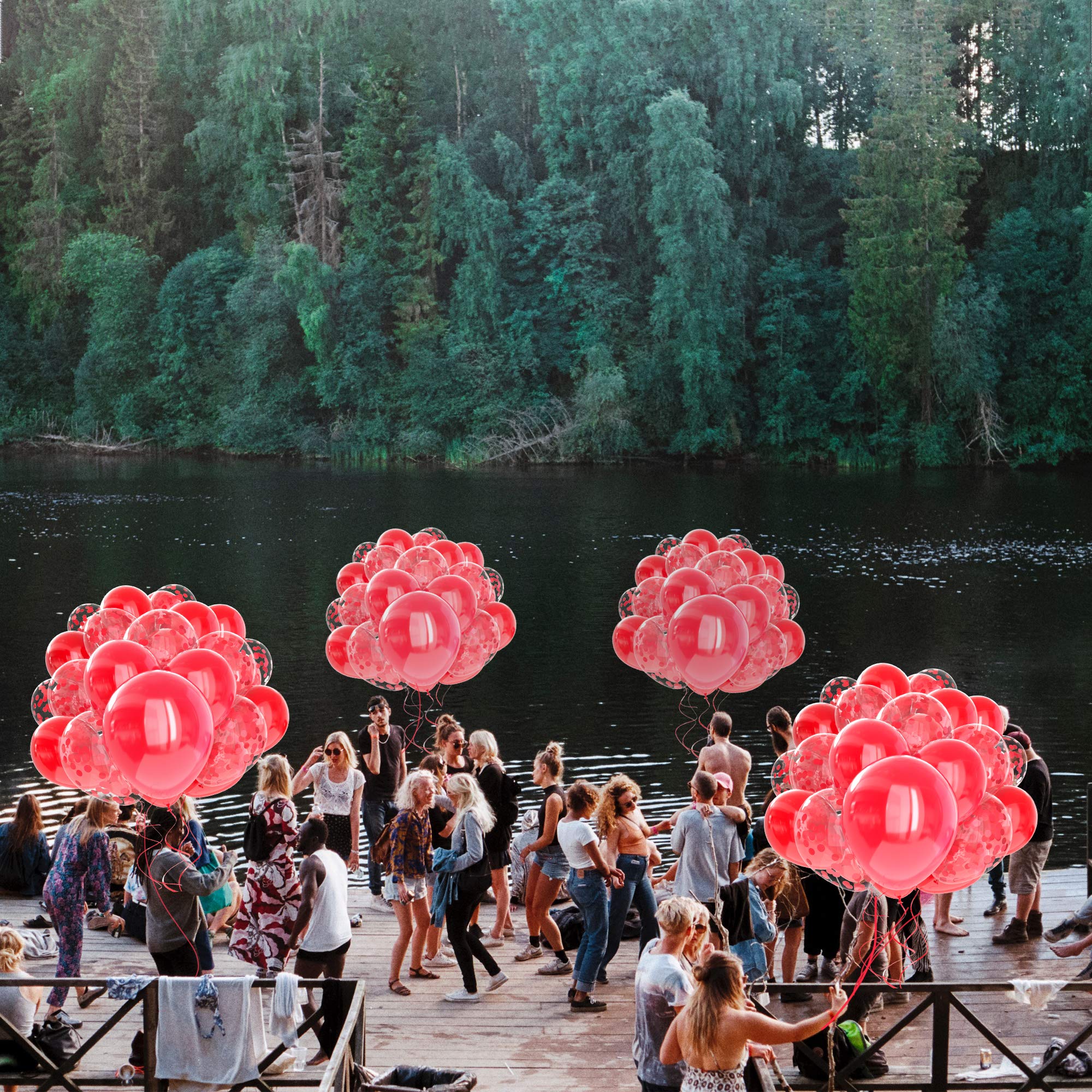 60 Pack Red Balloons with Confetti & Ribbons - Premium Party Balloons for Birthday Decorations, Wedding, Baby Shower & Holiday Celebrations - Helium Ready Red Confetti Balloons for Indoor/Outdoor Events