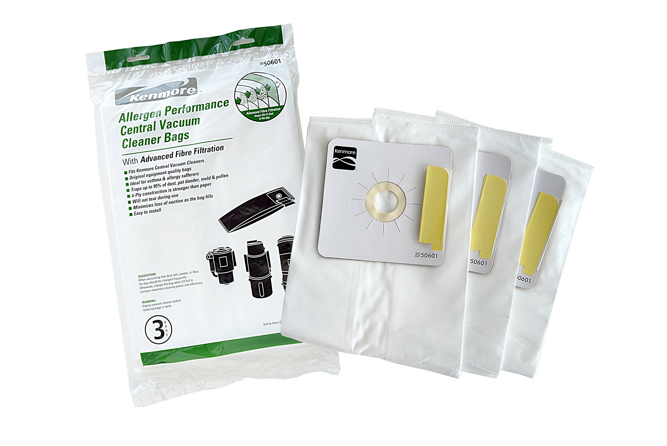 Genuine Kenmore 50601 Allergen Central Vacuum Cleaner Bags - 3 Pack | Synthetic HEPA Filtration for Dust, Pollen & Pet Hair | Perfect for Allergy Sufferers & Pet Owners
