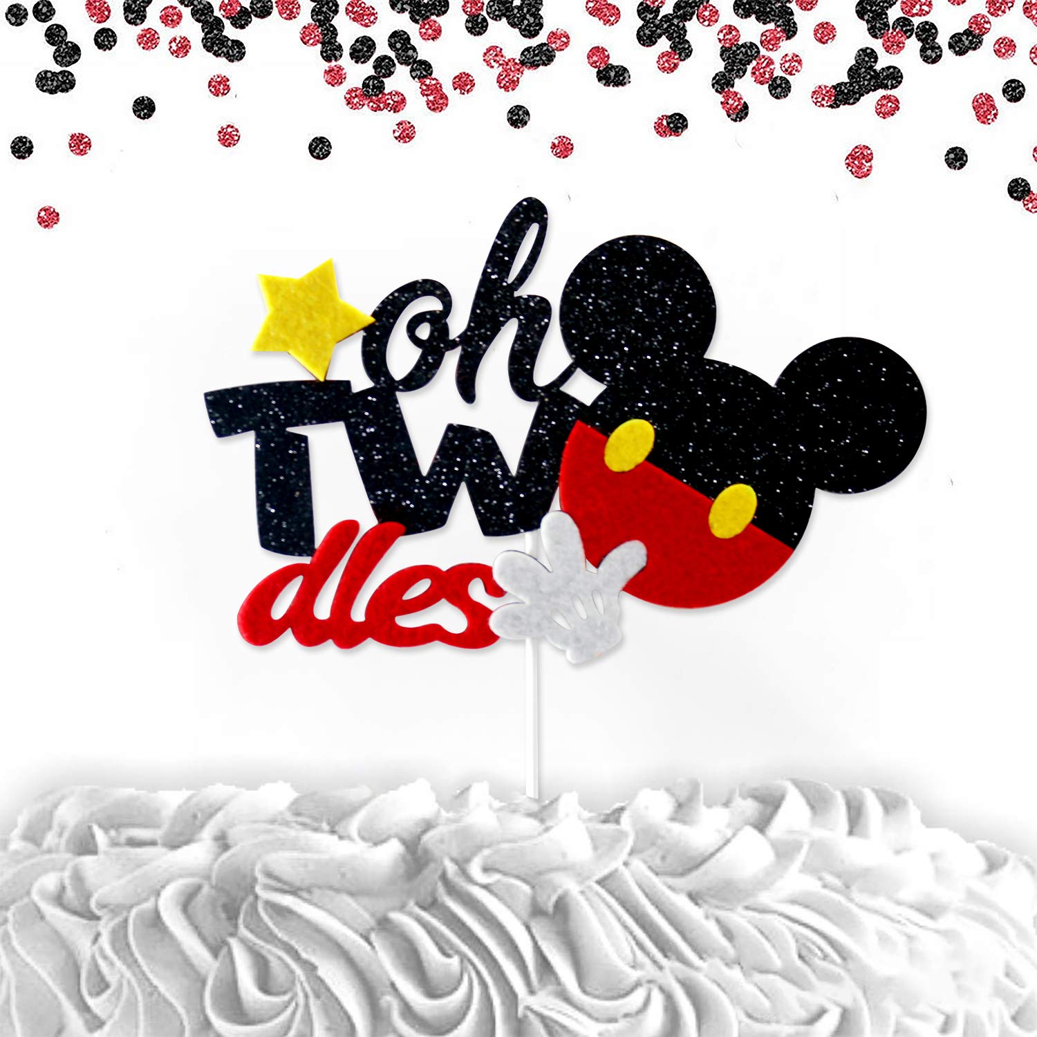 Mickey Mouse Inspired Glitter Twodels for 2nd Birthday Party Decorations - Black & Red Cake Table Decor - Perfect for Disney Themed Celebrations & Kids Birthday Parties