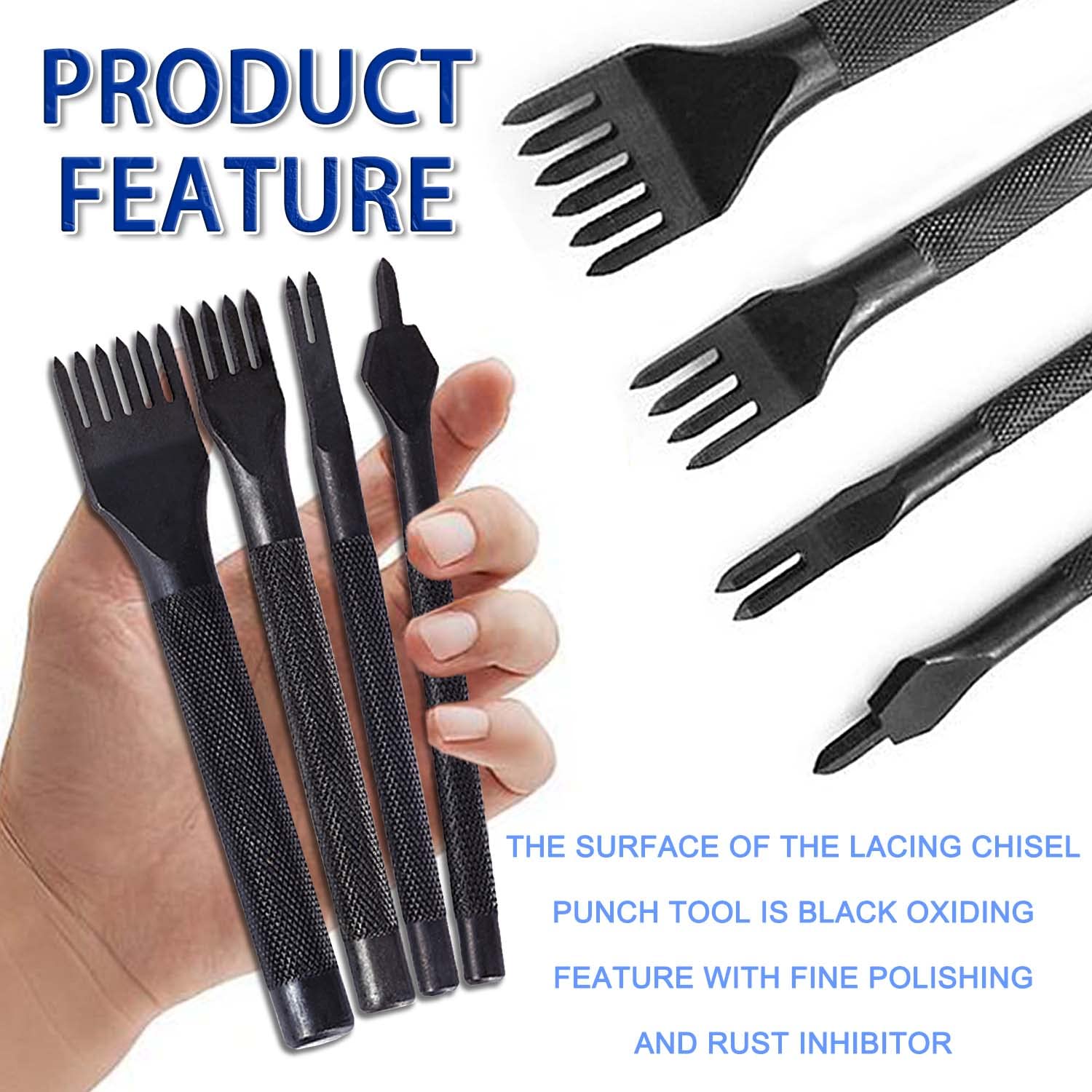 JONMON 5mm Diamond Hole Lacing Chisel Set - 1/2/4/6 Prong Leather Punch Tool with Rhombus Teeth for Leathercraft, DIY Stitching, Pricking & Sewing - Perfect for Bags, Belts & Wallet Making (4Pcs)